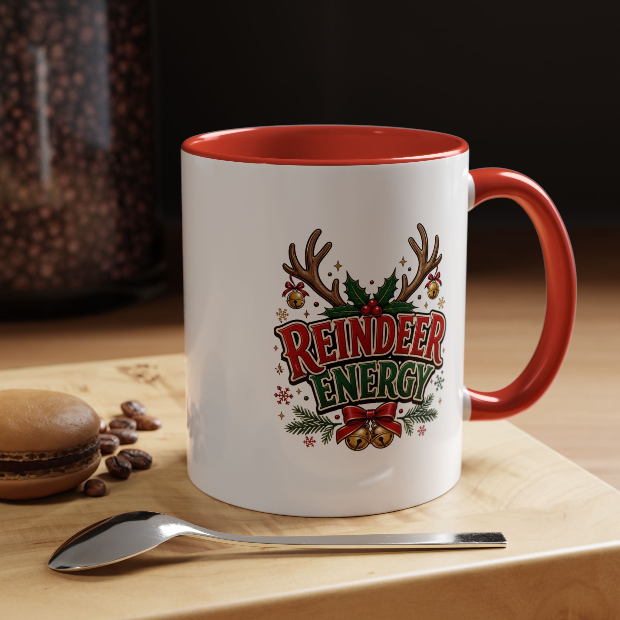 Reindeer Energy Coffee Mug – Holiday Christmas Antlers & Bells Accent Mug