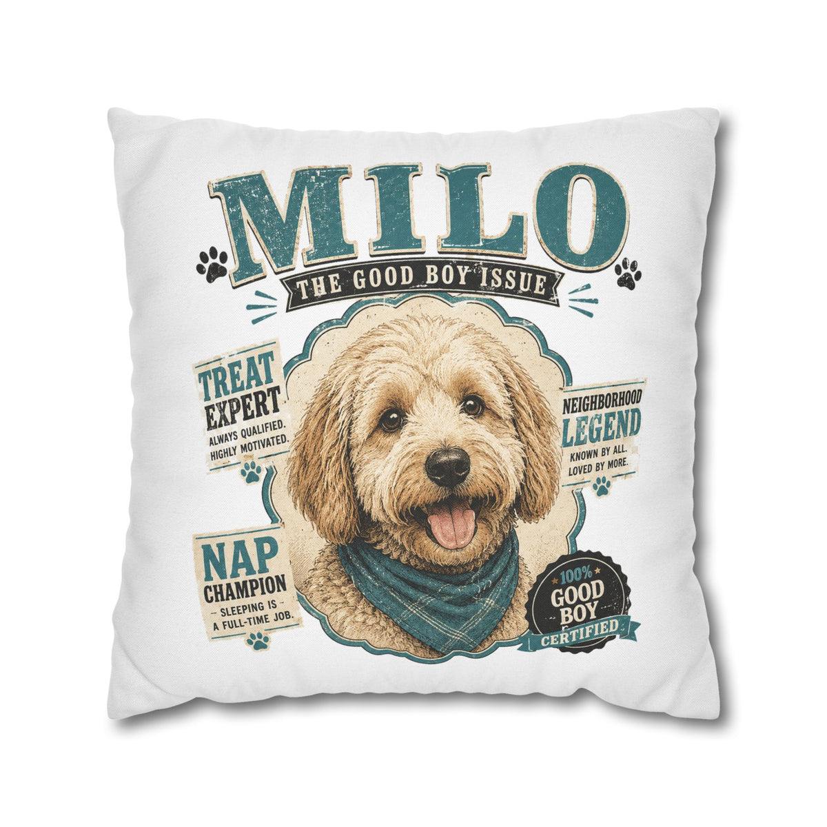 Milo 'The Good Boy Issue' Decorative Dog Pillowcase — Personalized Pet Name Cushion Cover Milo Bailey Dog Dad Mom