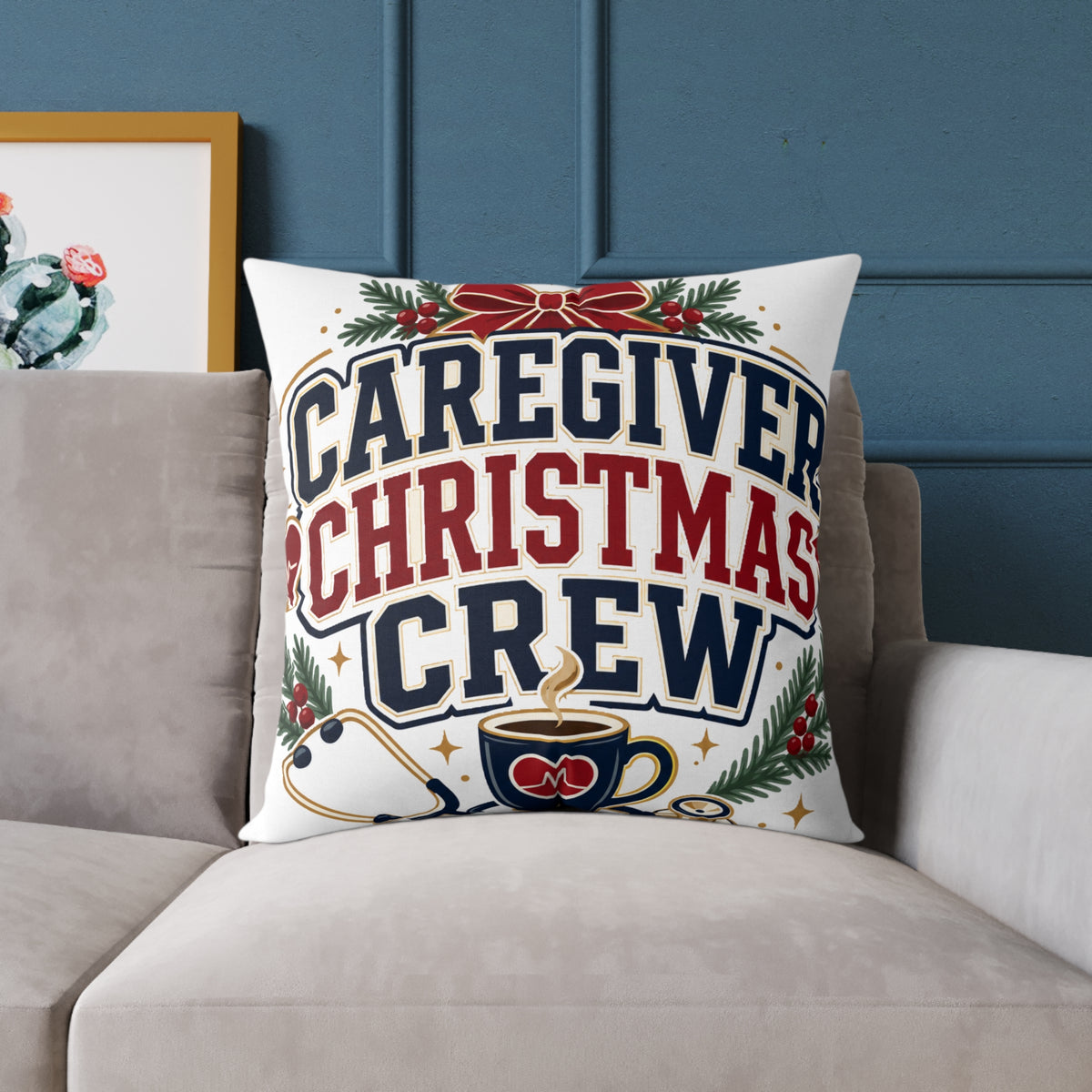 Caregiver Christmas Crew Modern Day Christmas Square Poly Canvas Pillow