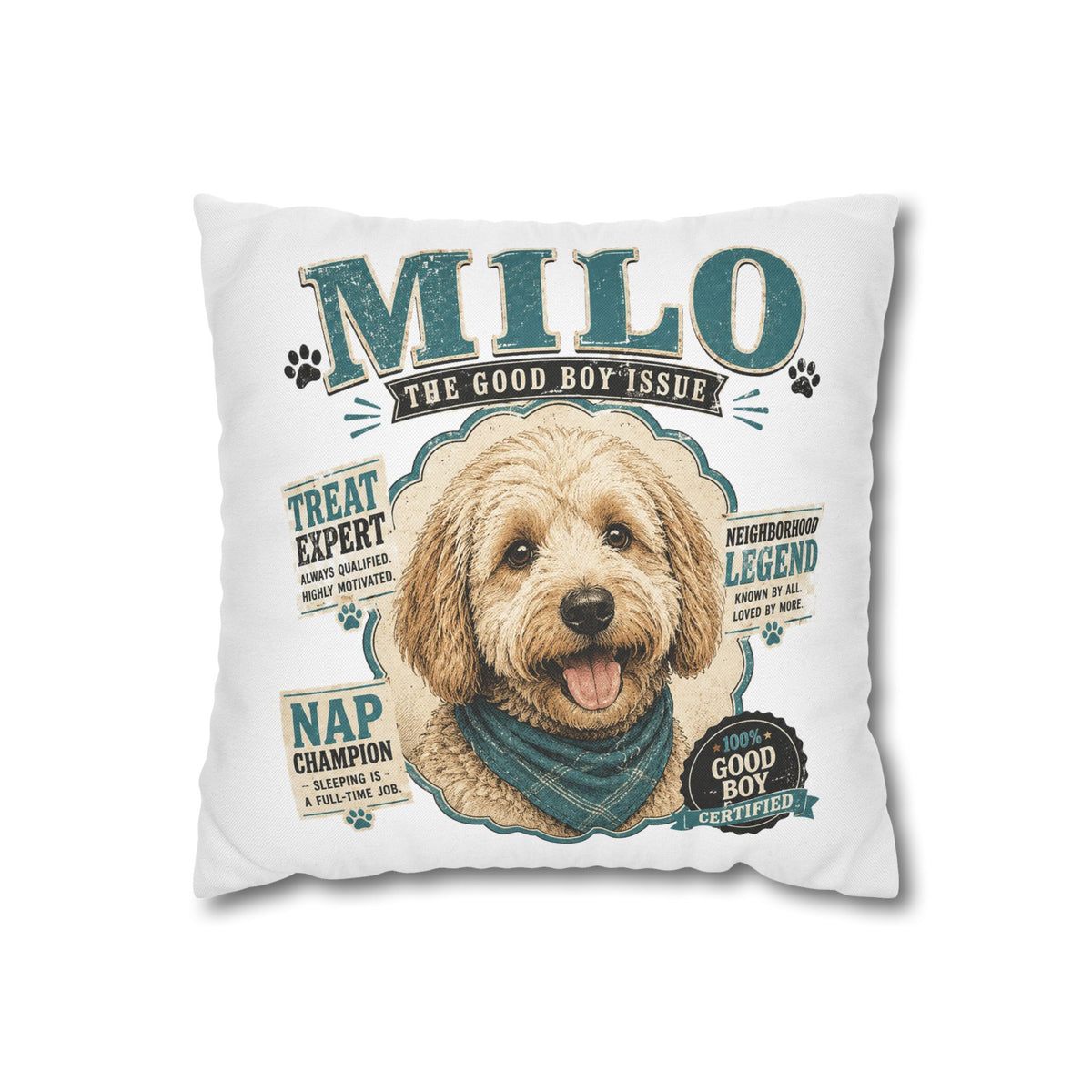 Milo 'The Good Boy Issue' Decorative Dog Pillowcase — Personalized Pet Name Cushion Cover Milo Bailey Dog Dad Mom