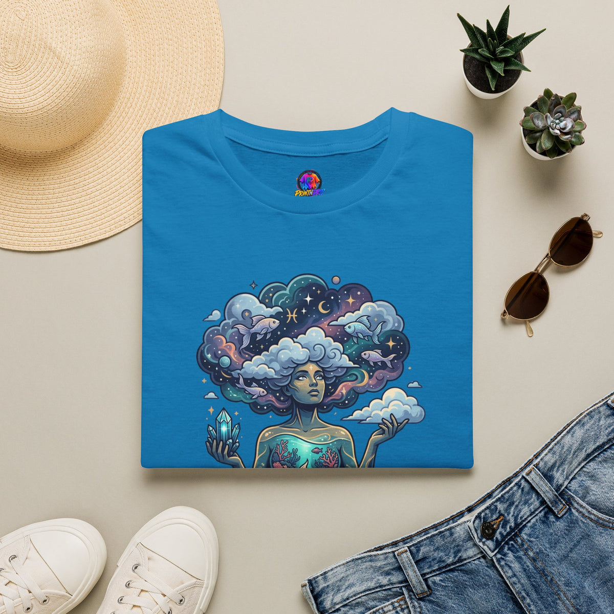 Pisces Zodiac in the Clouds T-Shirt — Dreamy Cosmic Woman Graphic Tee