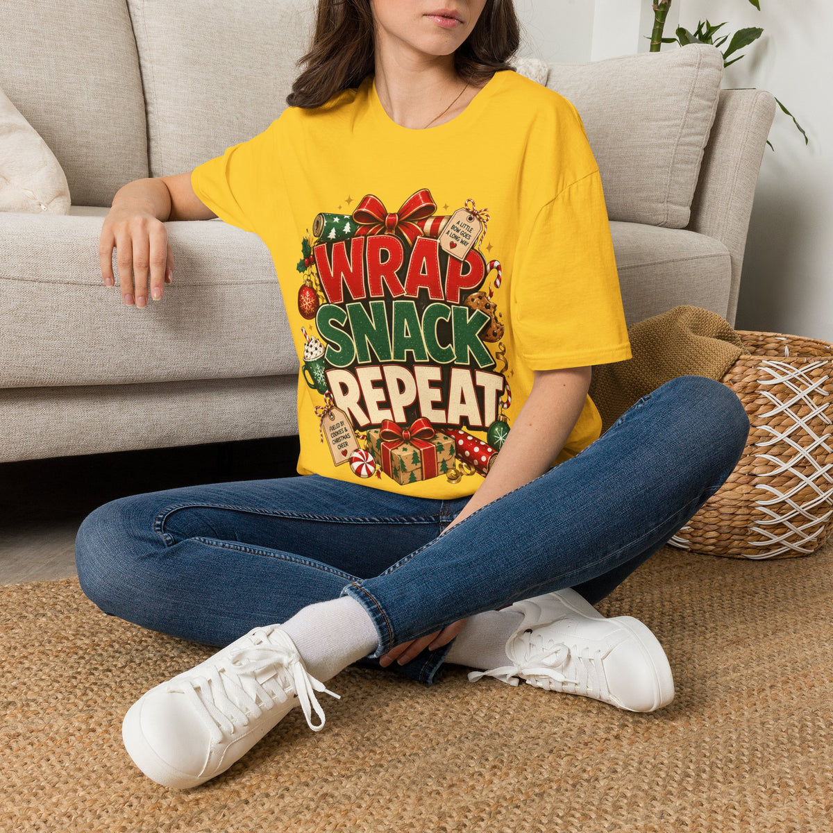 T-Shirt — "Wrap Snack Repeat" Christmas Graphic Tee
