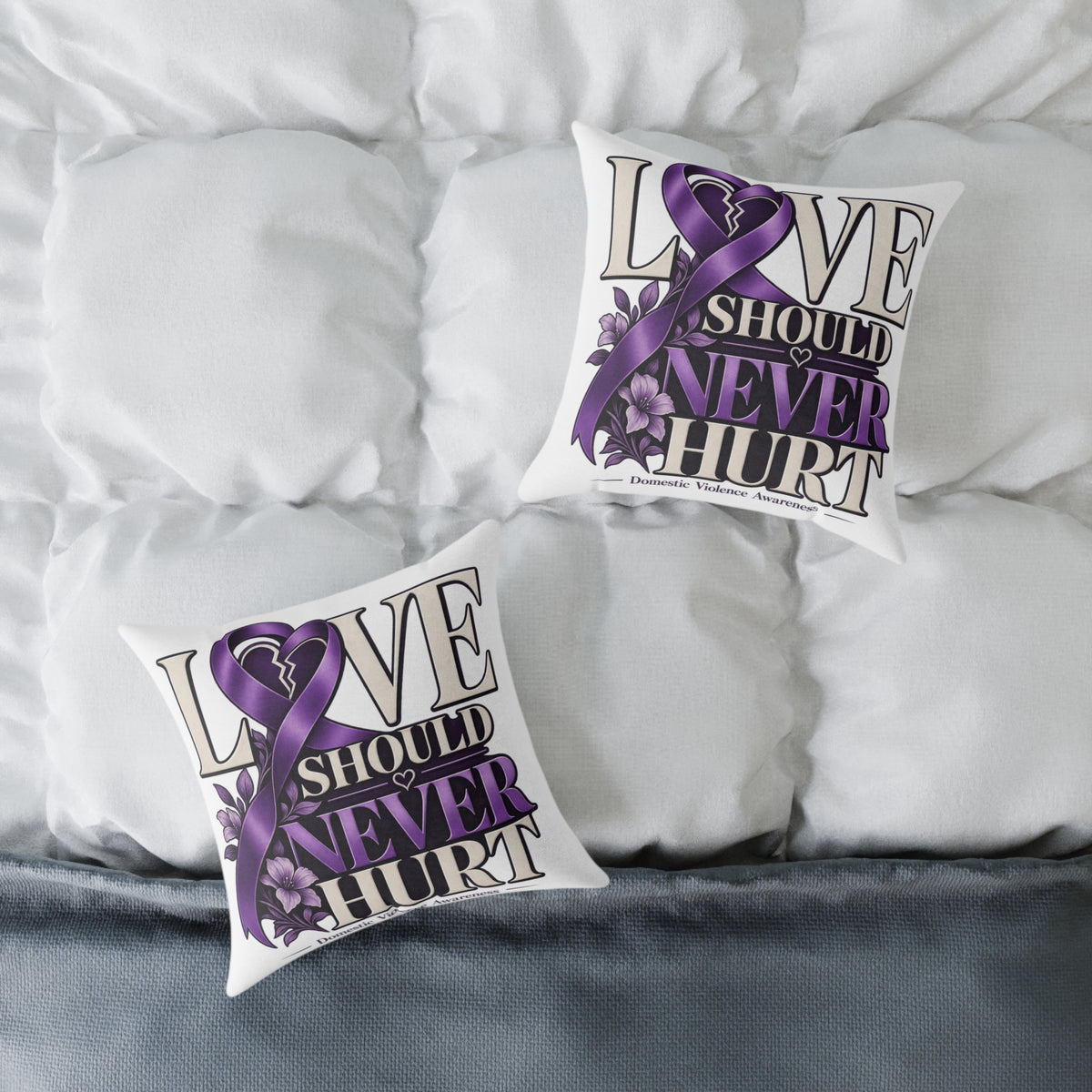 Square Pillow — "Love Should Never Hurt" Purple Ribbon Domestic Violence Awareness