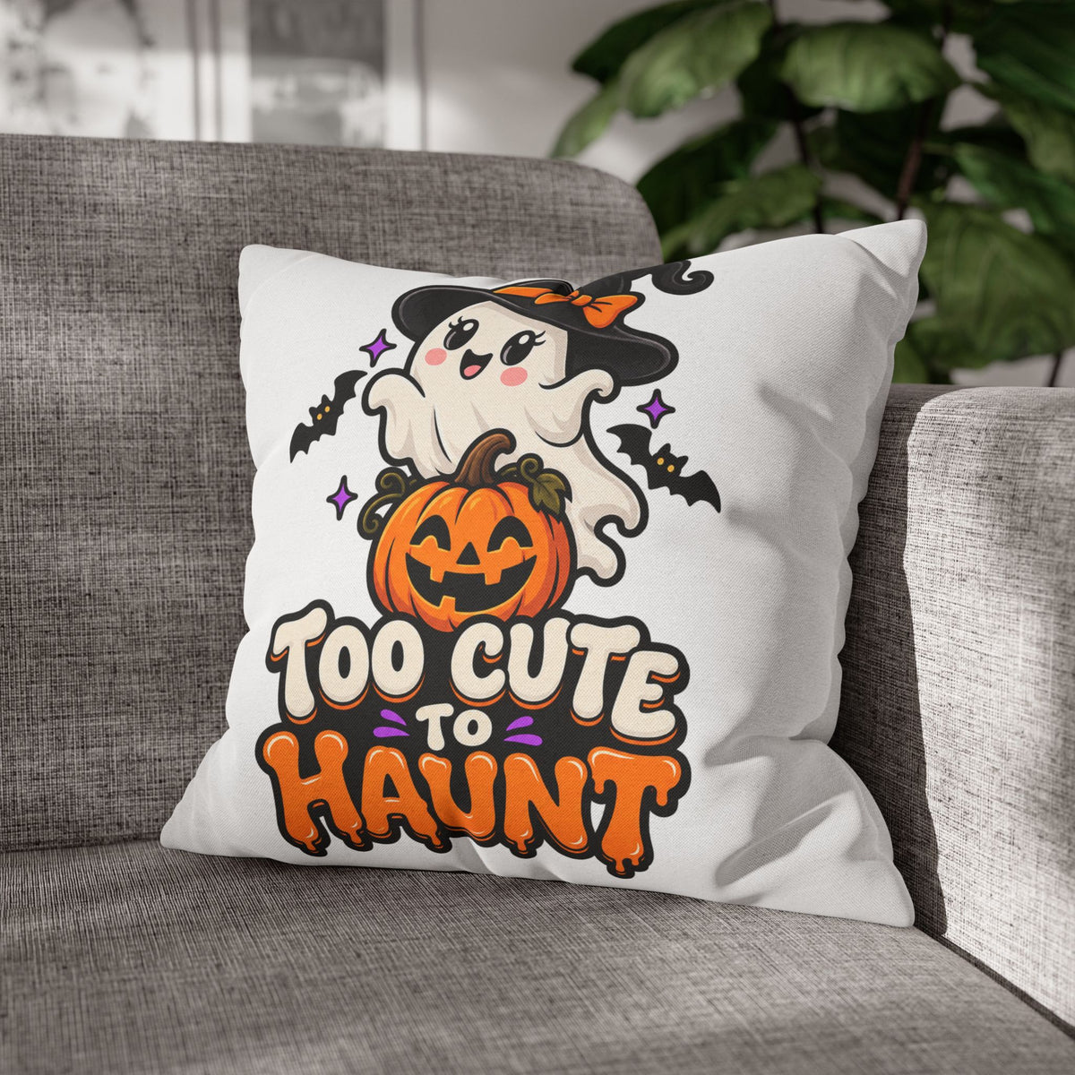 Halloween Pillowcase — "Too Cute to Haunt" Ghost Pumpkin Decorative Pillow Cover
