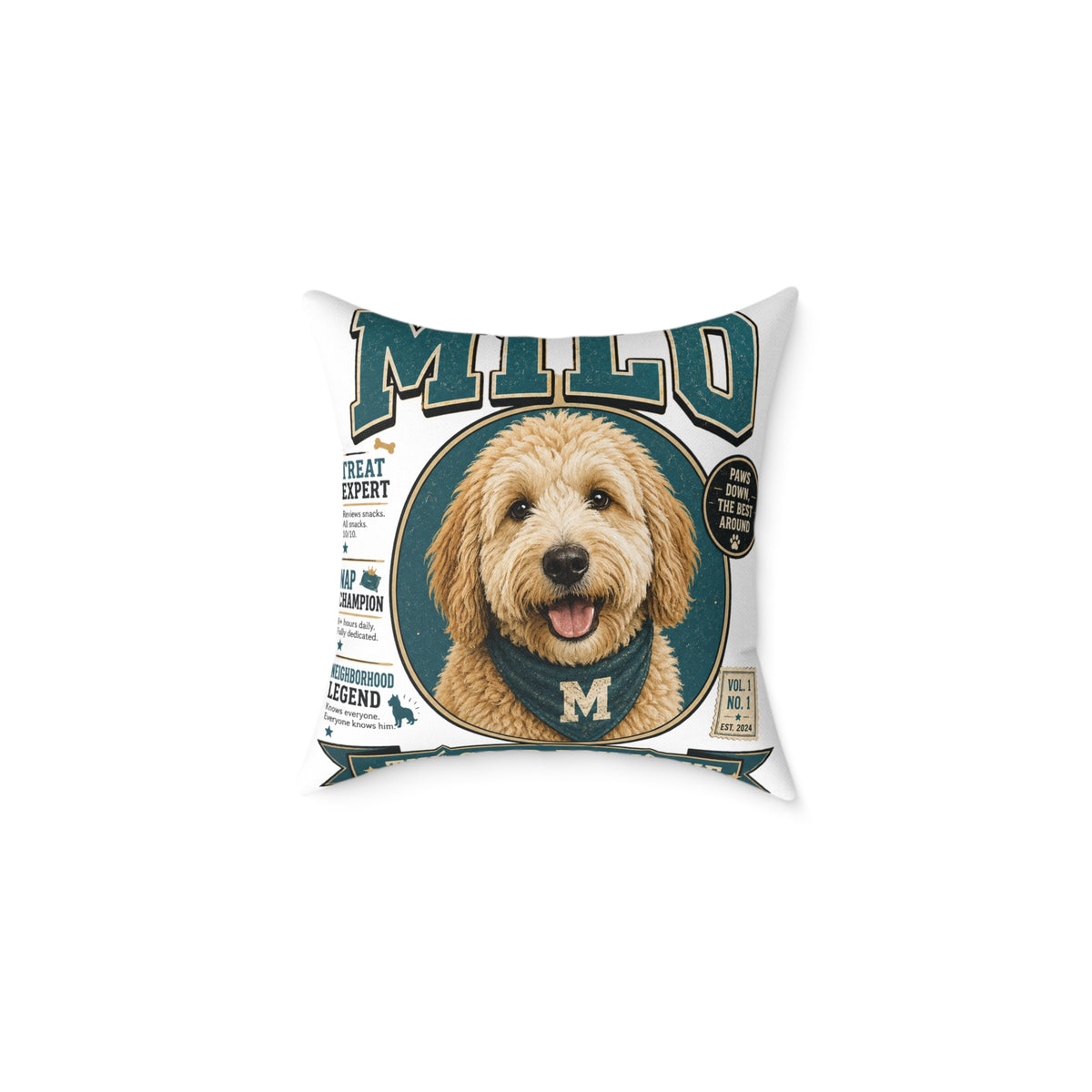 Personalized Dog Portrait Pillow — Milo Bailey Dog Dad Mom  'Milo' Vintage Pet Photo Square Throw Pillow