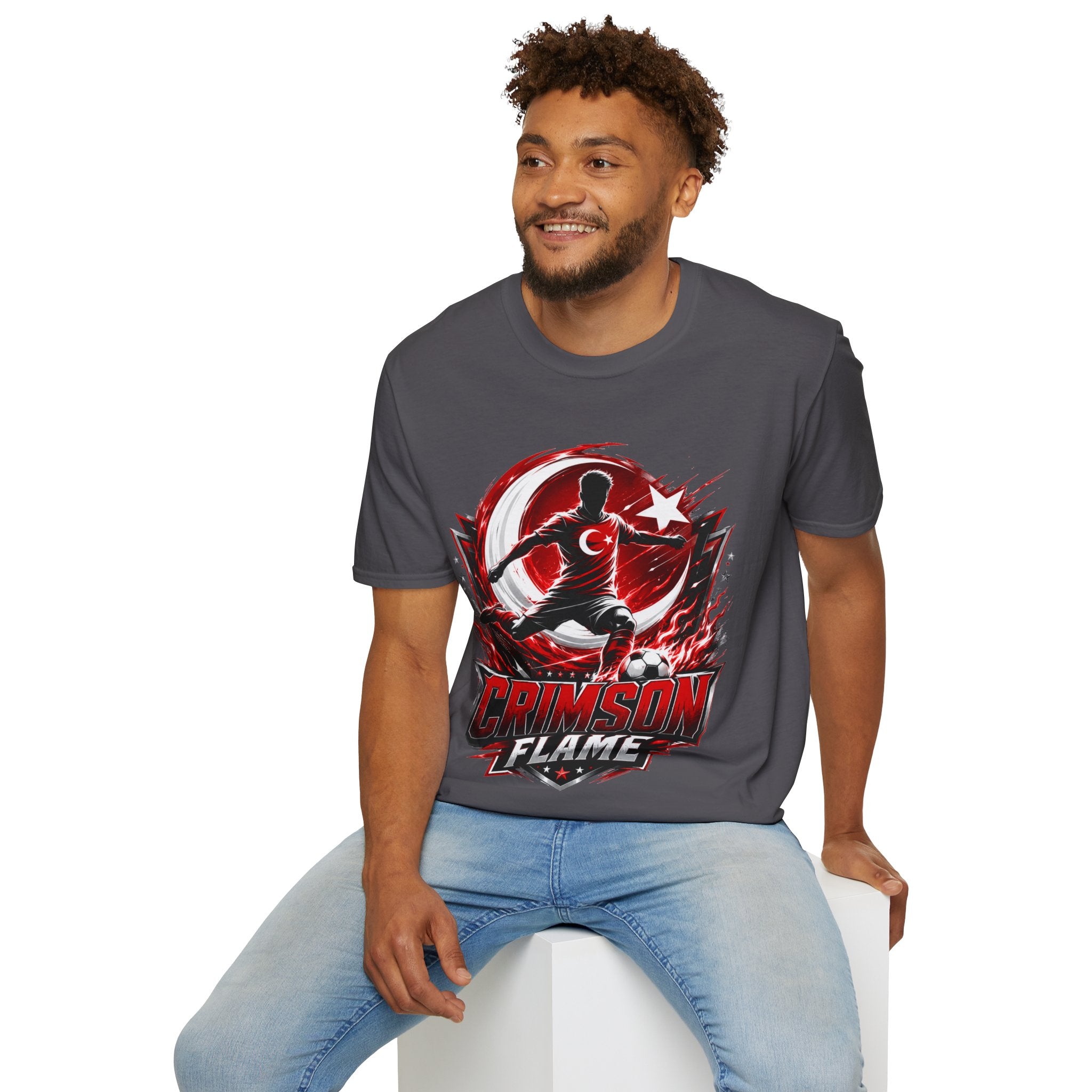 Turkey Crimson Flame Soccer T-Shirt — Turkish Crescent & Star Football Fan Tee