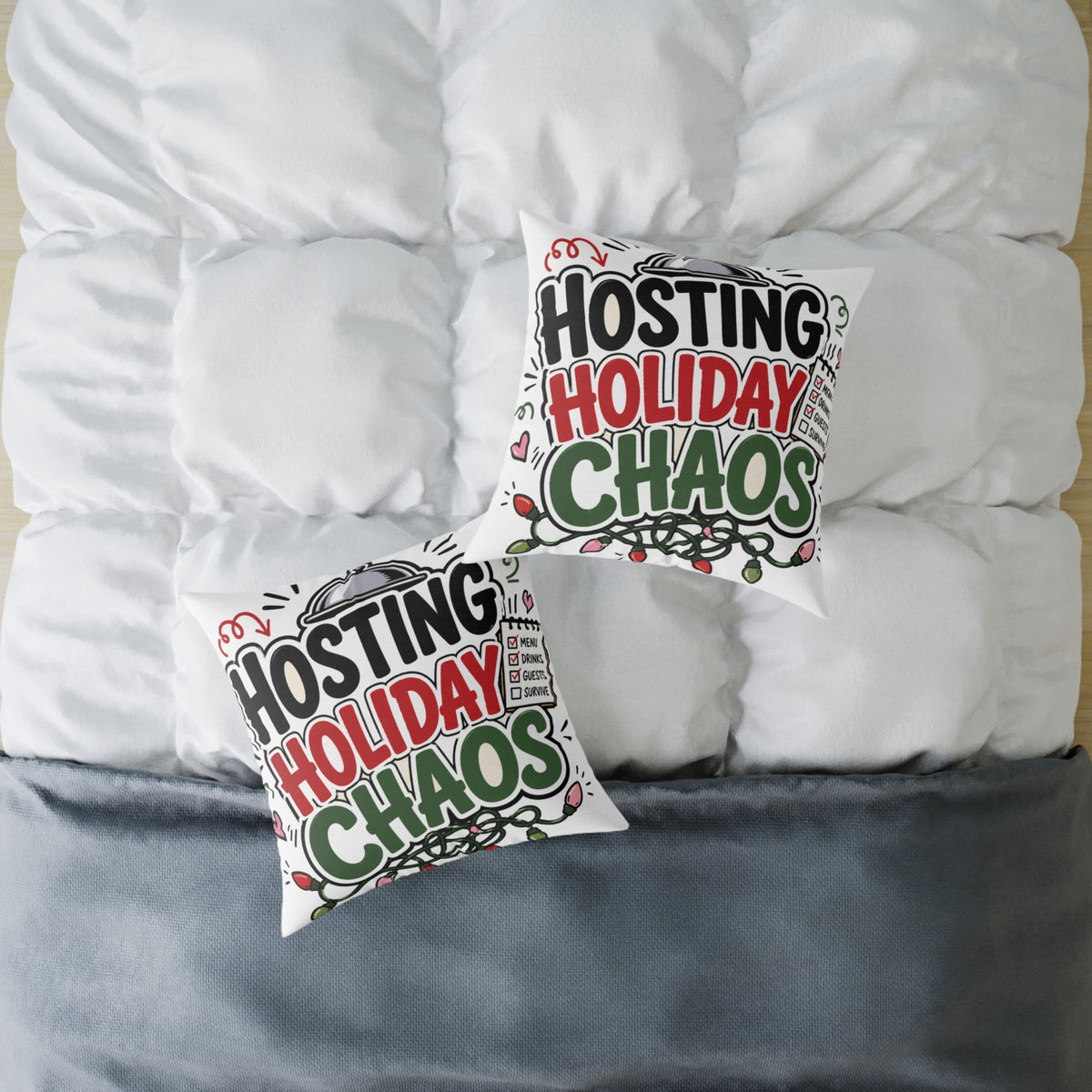 Modern Day Christmas Hosting Holiday Chaos Square Poly Canvas Pillow