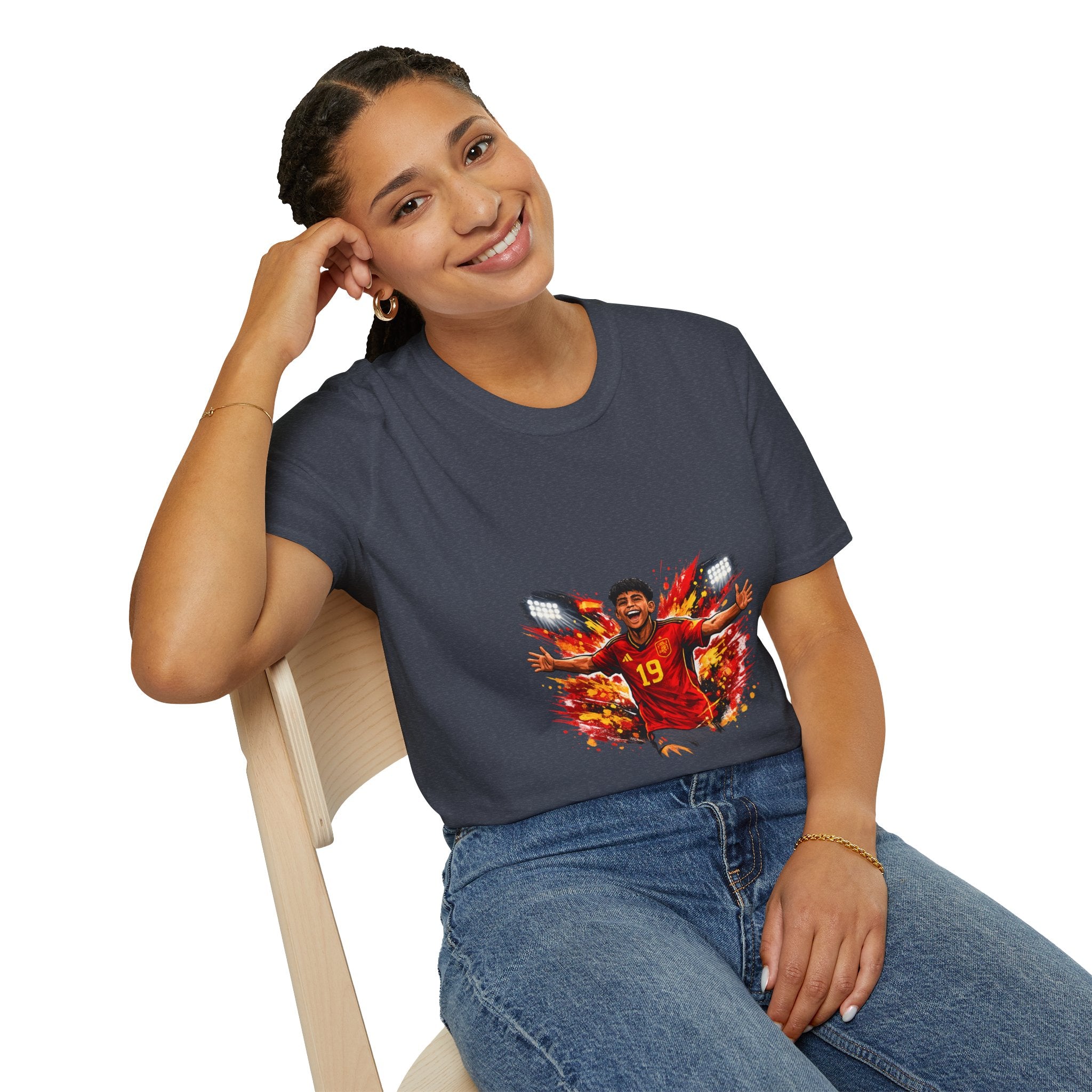 Spain Soccer Fan Portrait T‑Shirt – Fiery Goal Celebration Design