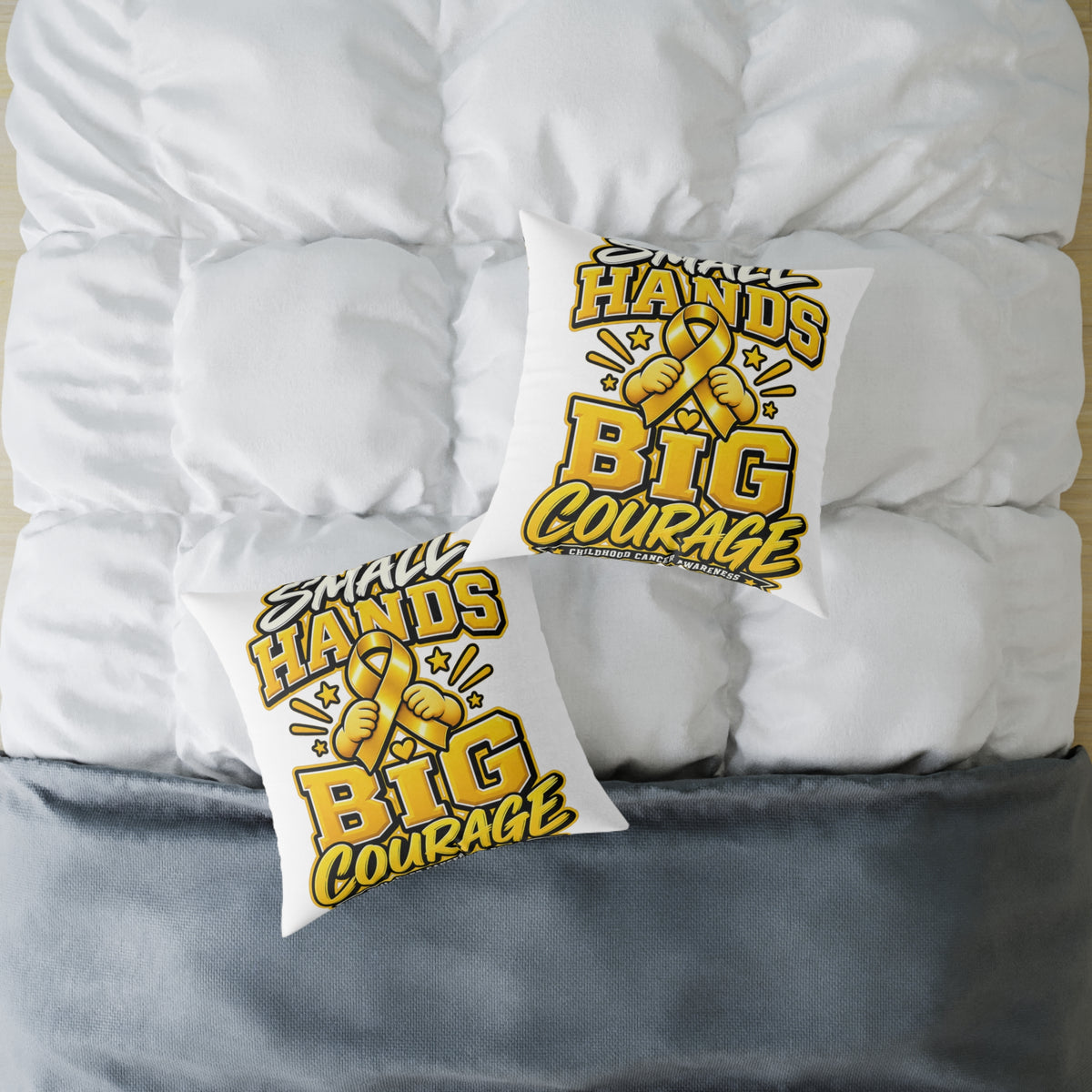 Square Pillow — "Small Hands Big Courage" Gold Ribbon Awareness Throw Pillow