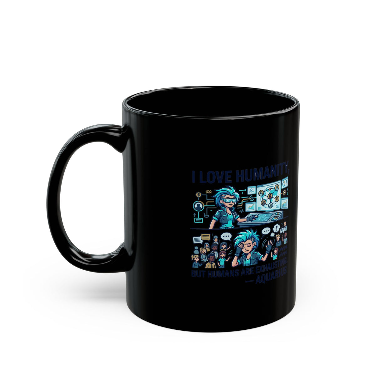 Aquarius Zodiac I Love Humanity Scientist Cartoon Mug — Funny Geek Coffee Cup
