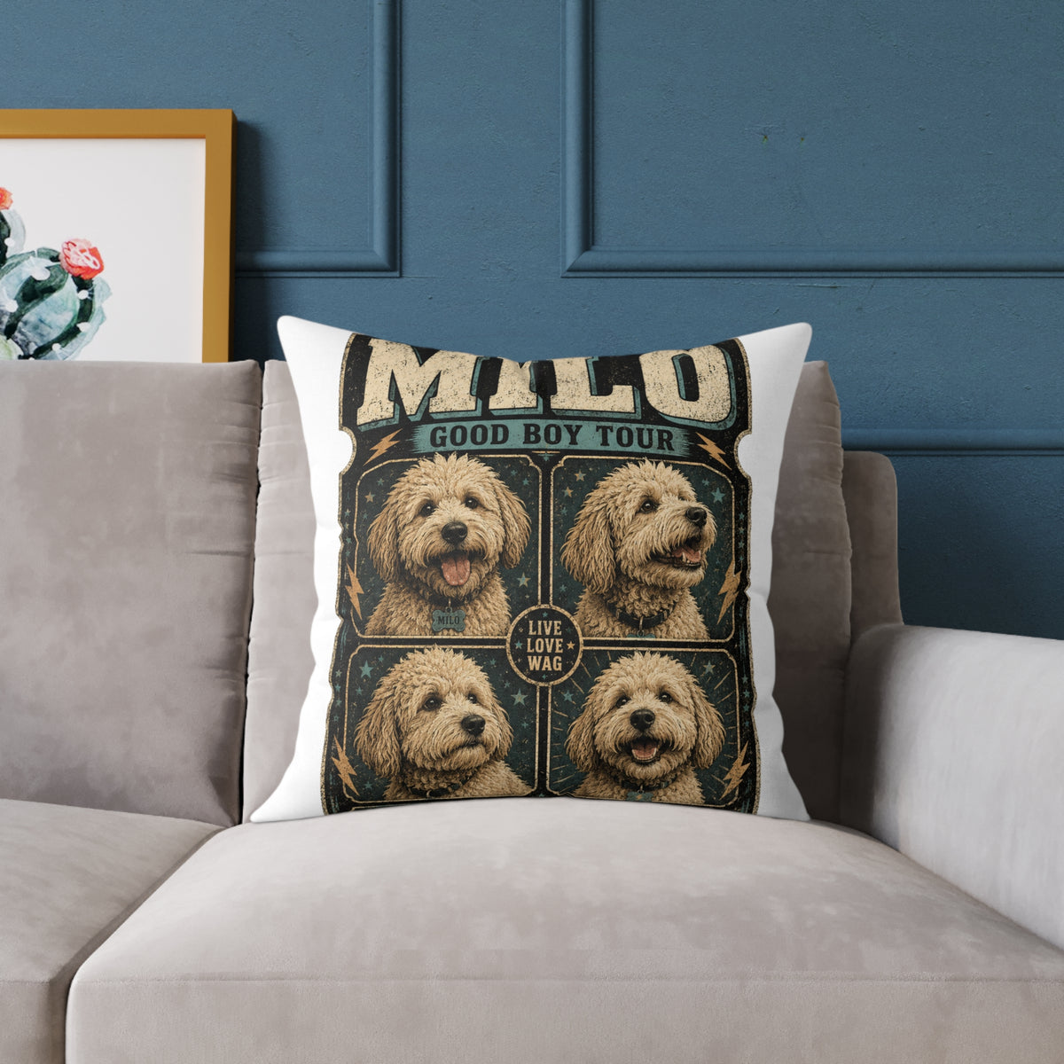 Milo "Good Boy Tour" Dog Photo Square Pillow  Milo Bailey Dog Dad Mom — Cute Pet Portrait Throw Pillow