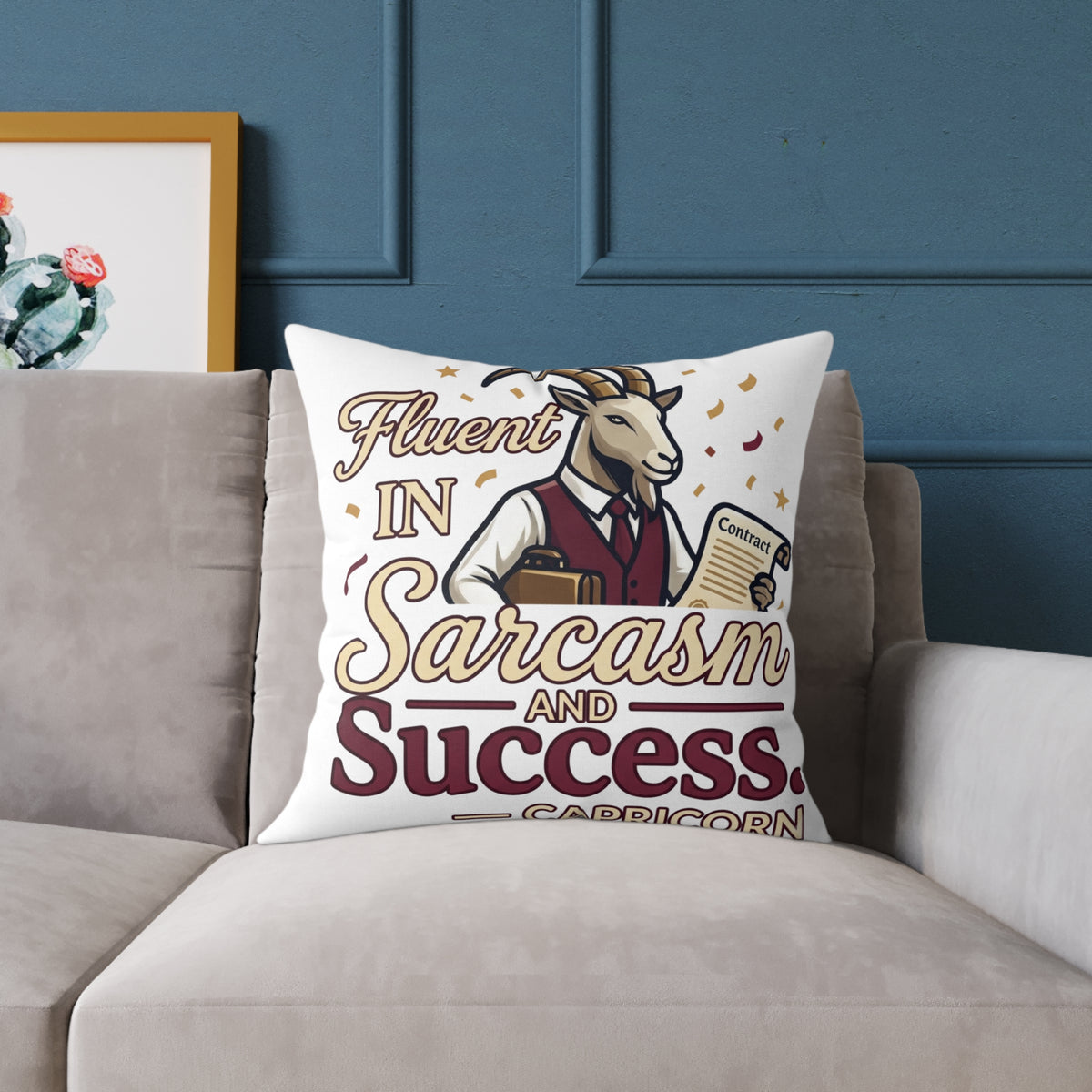 Capricorn Pillow — "Fluent in Sarcasm and Success" Zodiac Cushion