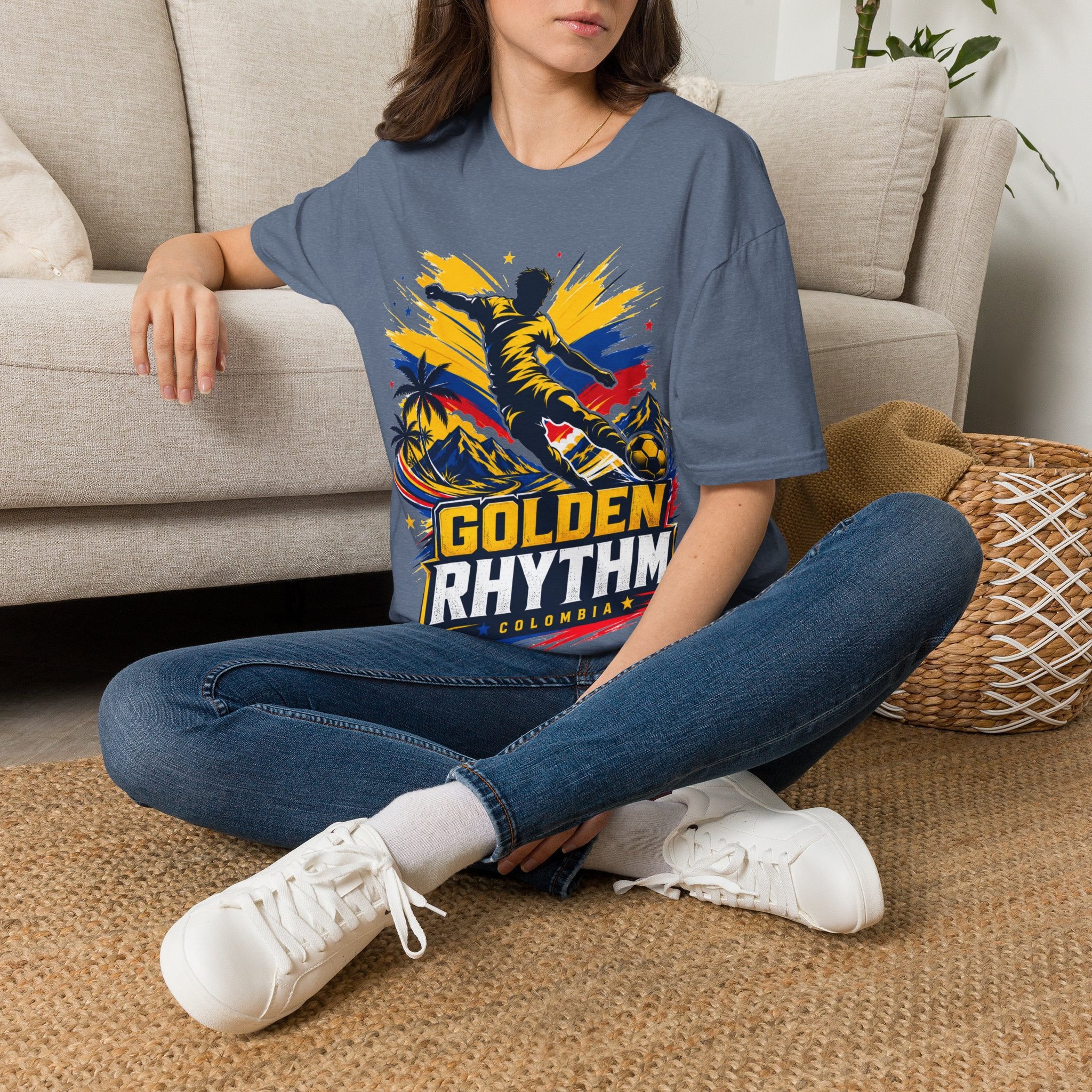 Columbia Soccer Player Graphic T-Shirt — "Golden Rhythm" Vibrant Beach Soccer Tee