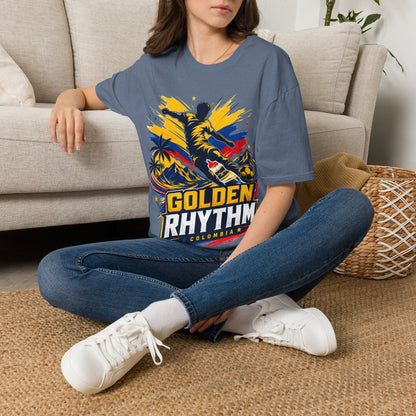 Columbia Soccer Player Graphic T-Shirt — "Golden Rhythm" Vibrant Beach Soccer Tee