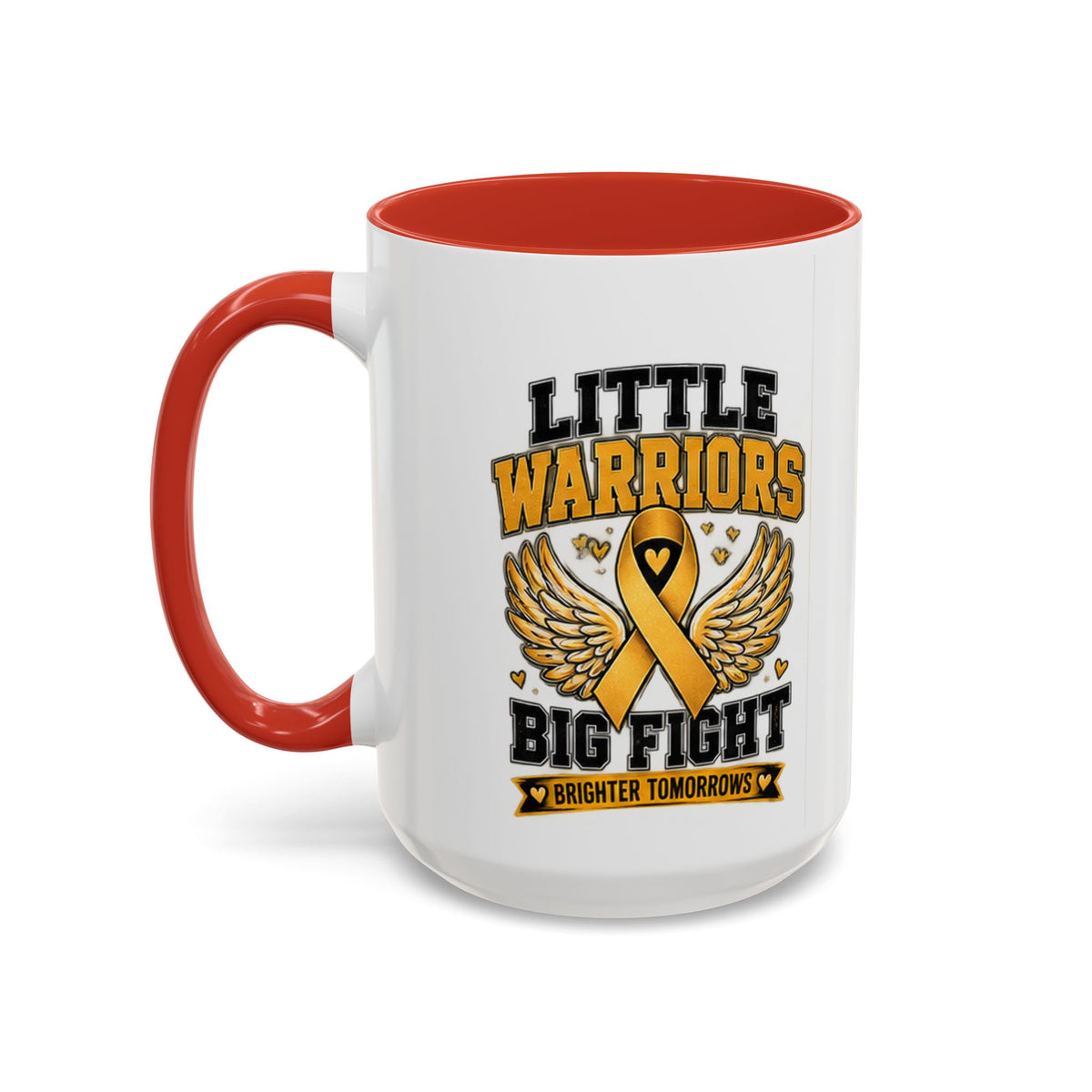 Little Warriors Big Fight Childhood Cancer Awareness Coffee Mug — Gold Ribbon Support Accent Mug
