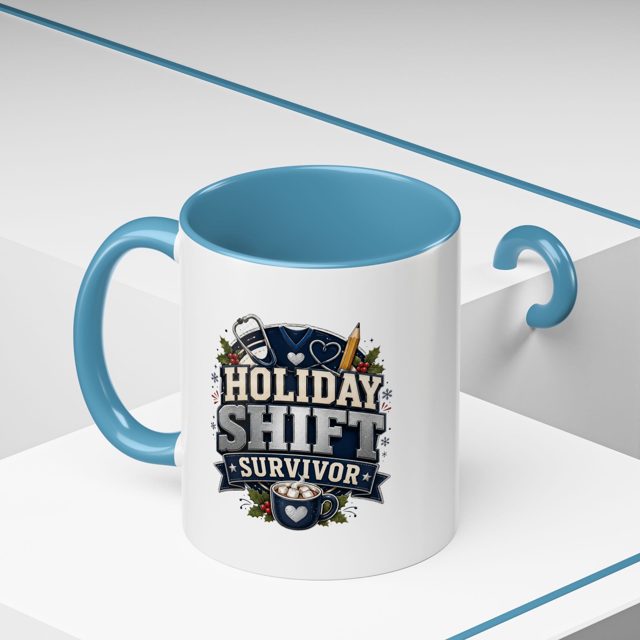 Modern Day Christmas Holiday Shift Survivor Accent Coffee Mug – Nurse & Healthcare Worker Gift