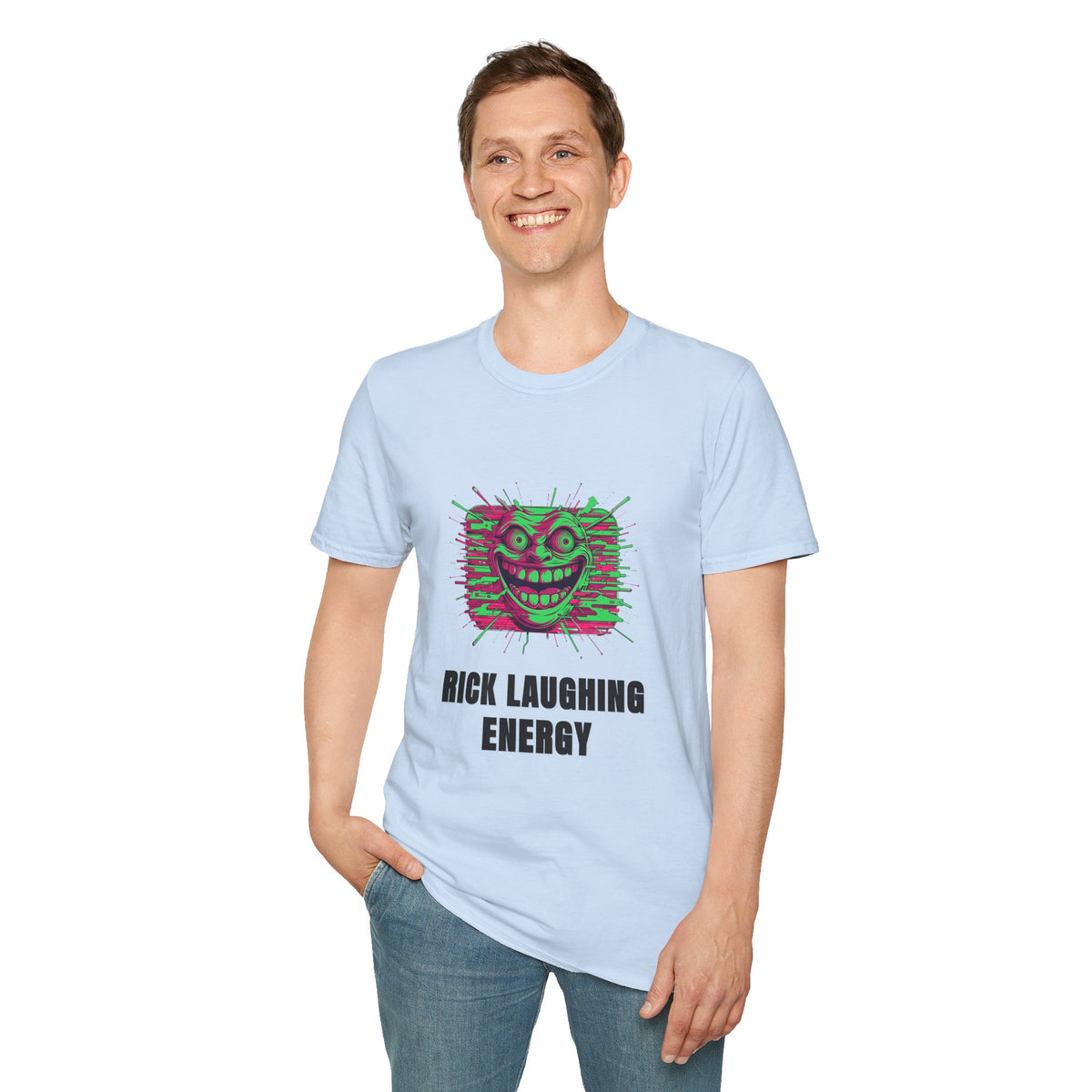 T-Shirt — 'Rick Laughing Energy' Neon Glitch Graphic - Trending Now - August 2026