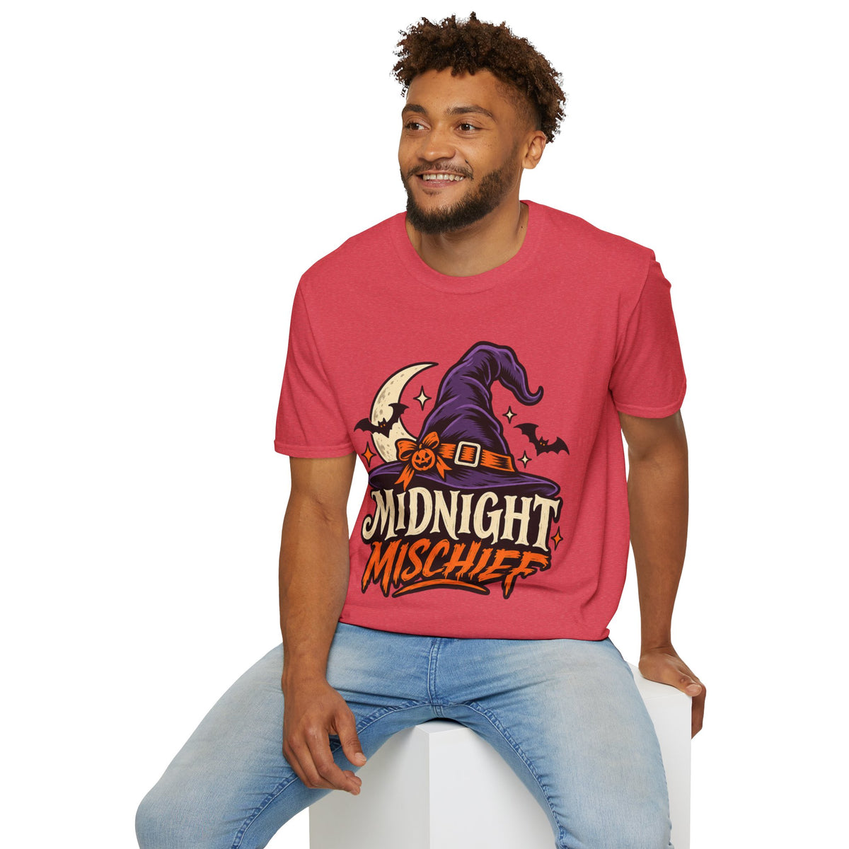 Midnight Mischief Halloween T-Shirt — Witch Hat & Bats Graphic