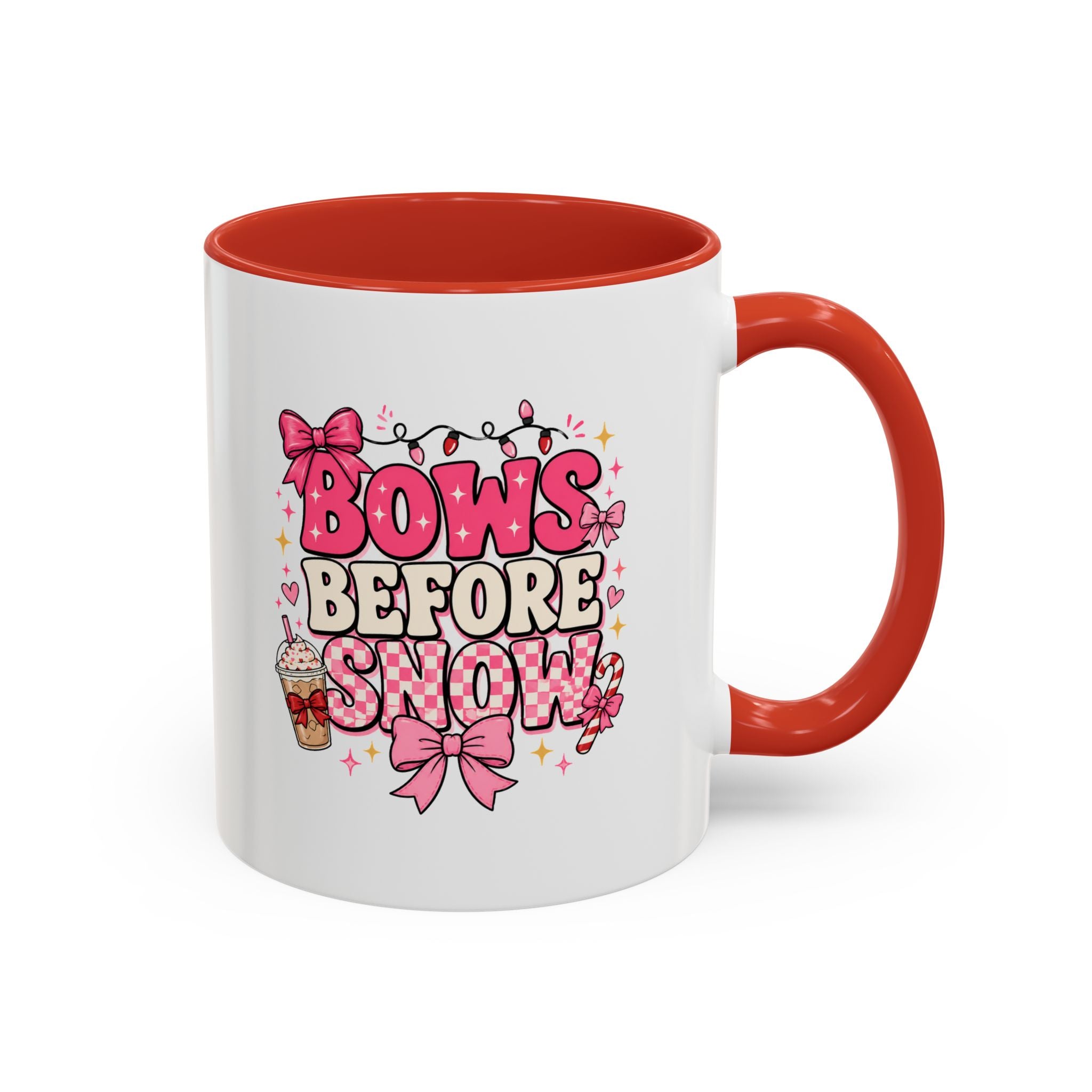 Modern Day Christmas Bows Before Snow Accent Coffee Mug — Cute Pink Holiday Hot Cocoa Design (11/15oz)