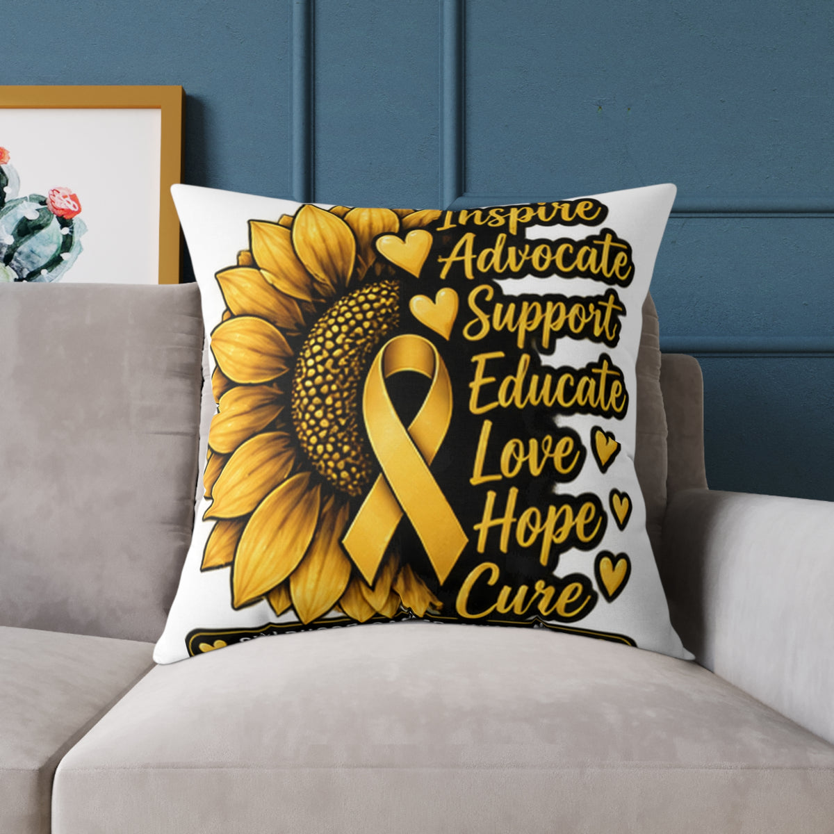 Childhood Cancer Sunflower Awareness Pillow — Inspire Advocate Support Educate Love Hope Cure