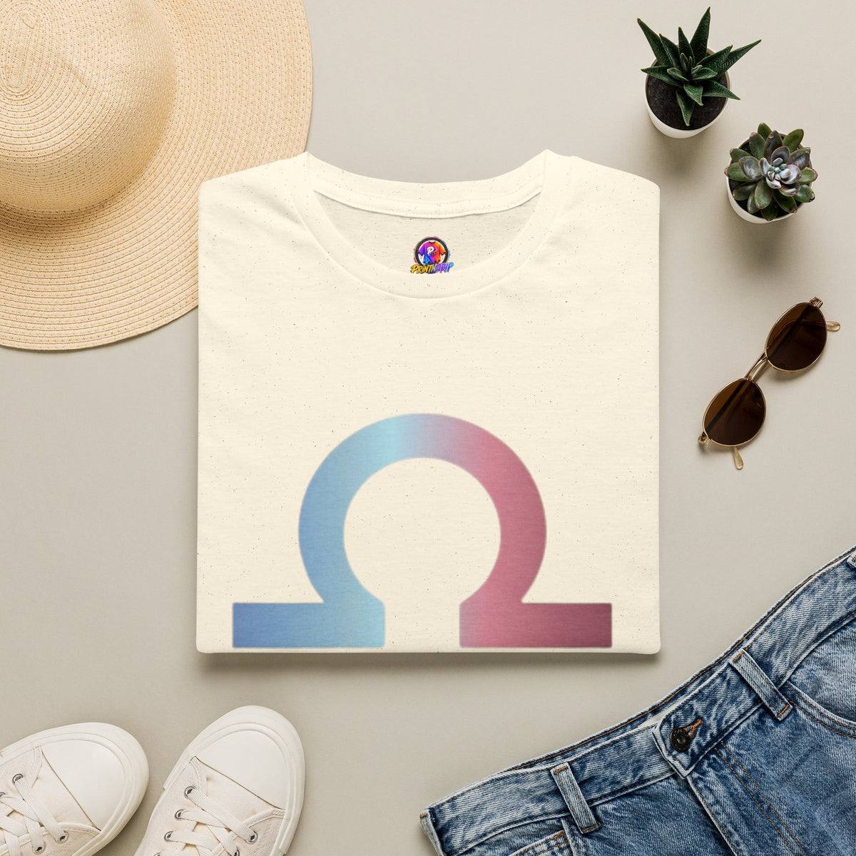 Omega Symbol T-Shirt — Pastel Gradient Drip Design