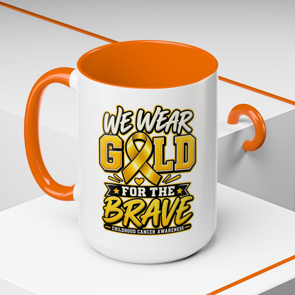 Childhood Cancer Awareness Accent Coffee Mug – "We Wear Gold for the Brave" (11/15 oz)
