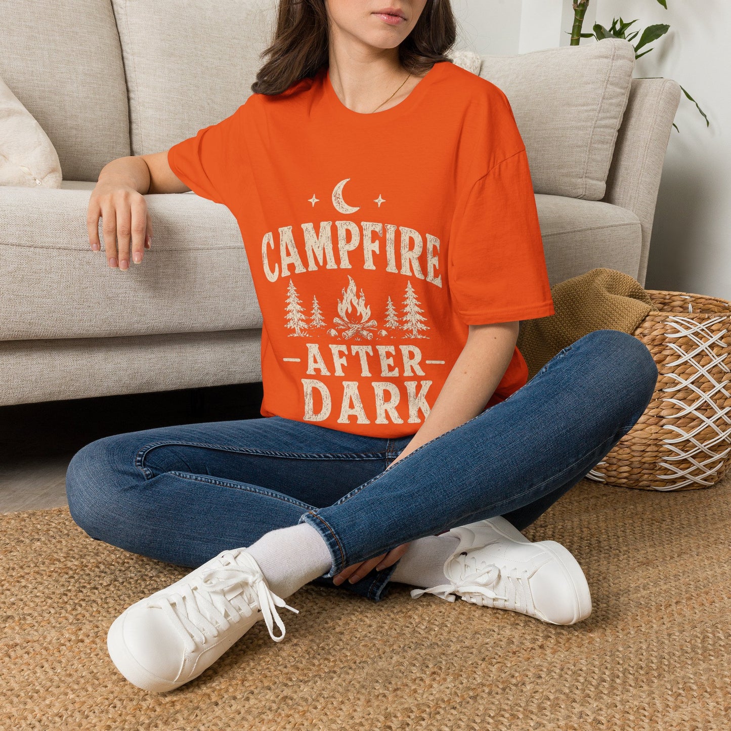 Campfire After Dark T-Shirt — Cozy Camping Moon & Trees Graphic