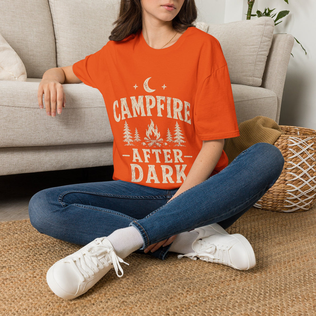 Campfire After Dark T-Shirt — Cozy Camping Moon & Trees Graphic