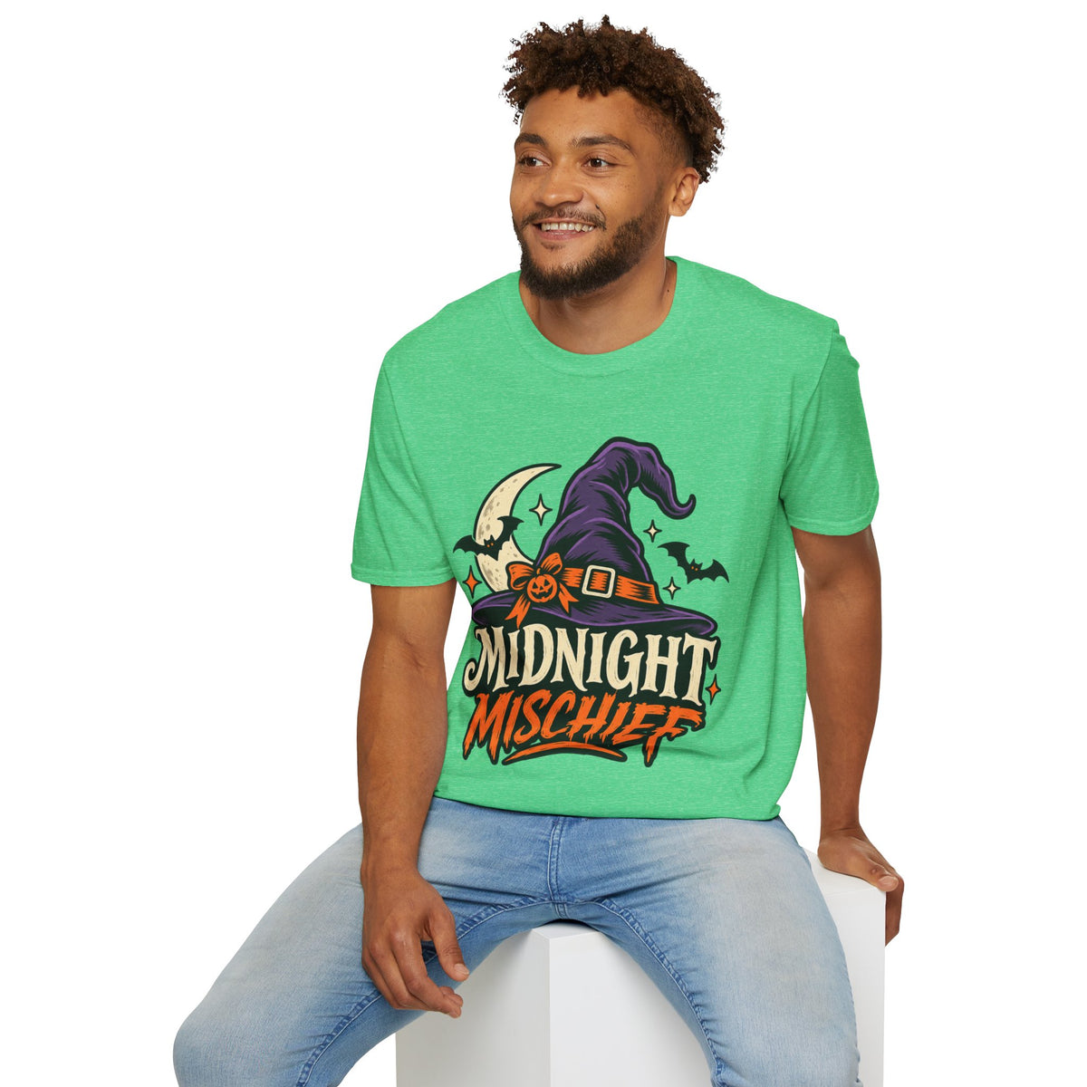 Midnight Mischief Halloween T-Shirt — Witch Hat & Bats Graphic