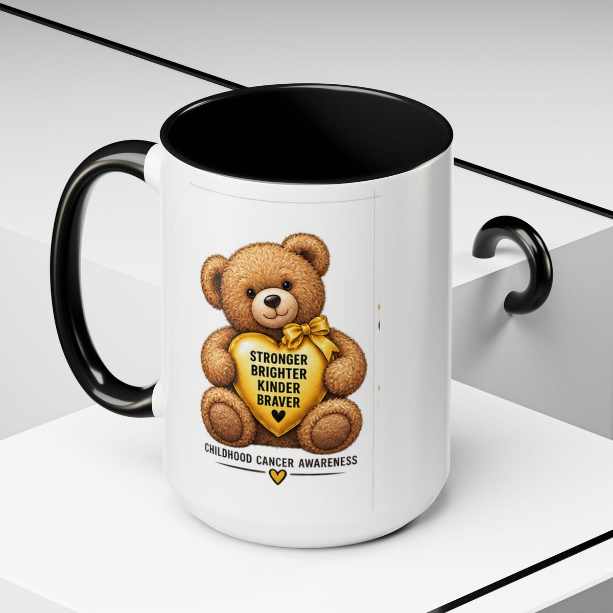 Childhood Cancer Awareness Coffee Mug — 'Stronger Brighter Kinder Braver' Teddy