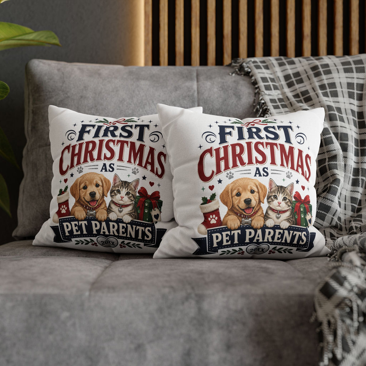 First Christmas as Pet Parents Pillowcase — Dog & Cat Holiday Throw Pillowcase