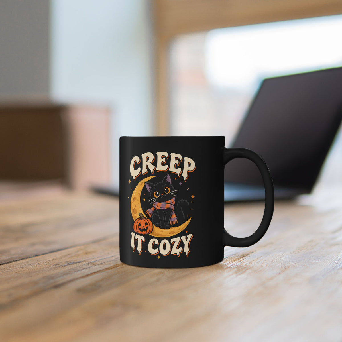 Creep It Cozy Black Mug — Halloween Cat Moon Coffee Cup (11oz & 15oz)
