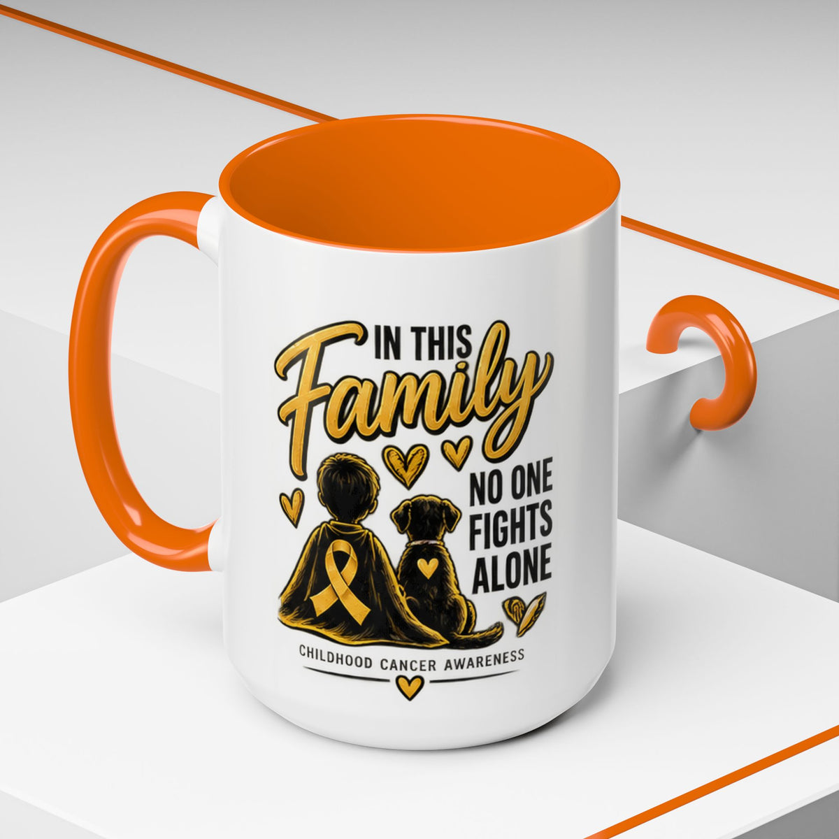 Childhood Cancer Awareness Accent Coffee Mug – "In This Family No One Fights Alone" (11/15oz)