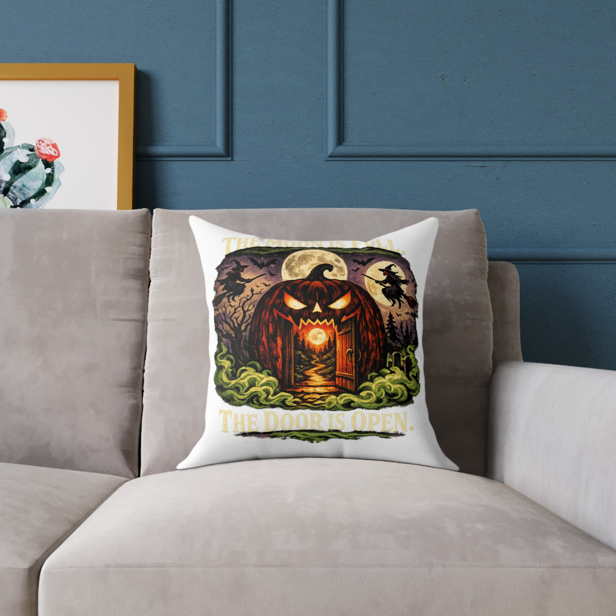 Halloween Pumpkin Doorway Square Pillow — Spooky Haunted House Decorative Throw Pillow