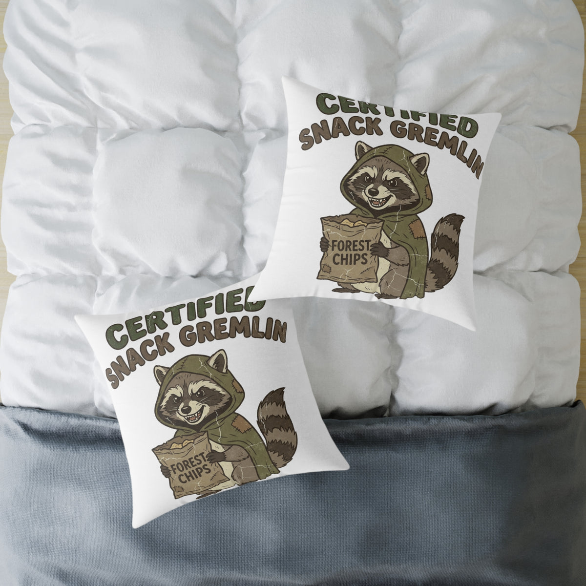 Funny Certified Snack Gremlin Raccoon Pillow — Cute Animal Snack Lover Throw Pillow