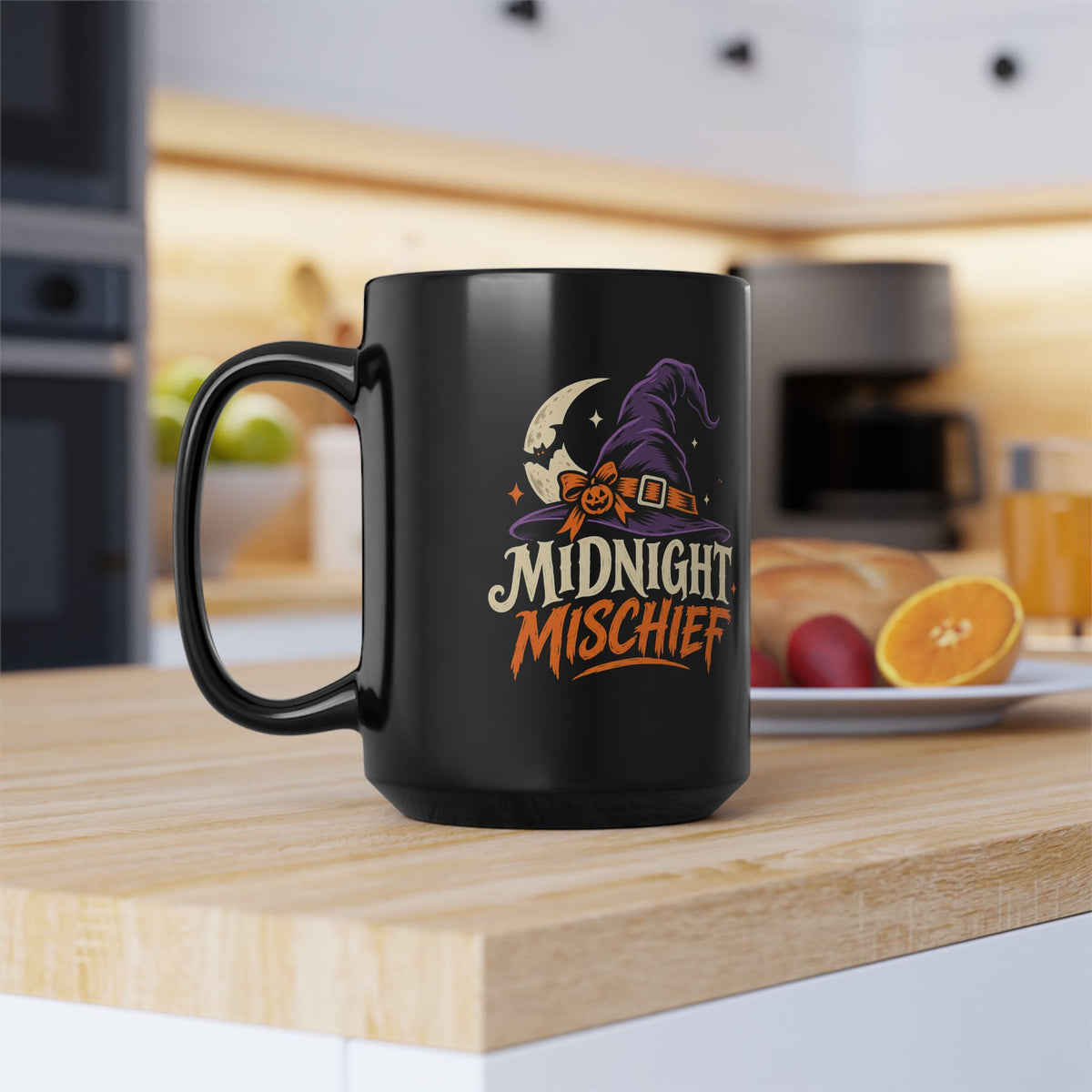 Midnight Mischief Halloween Mug — Witch Hat Moon Design (11oz/15oz Black)