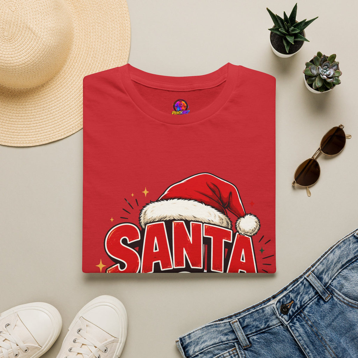 Santa Mode T-Shirt — Holiday Christmas Graphic Tee with Santa Hat