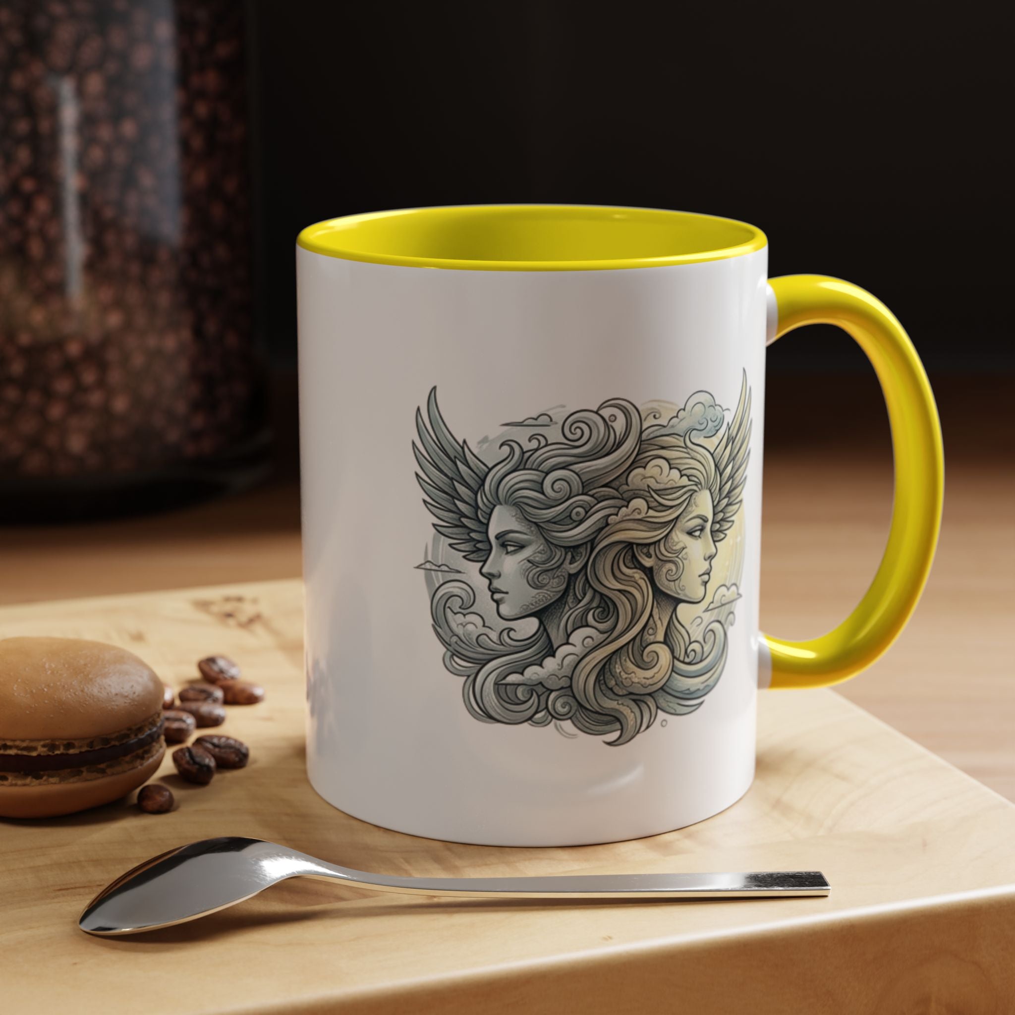 Gemini Twins Accent Coffee Mug — Sun & Moon Winged Faces Illustration