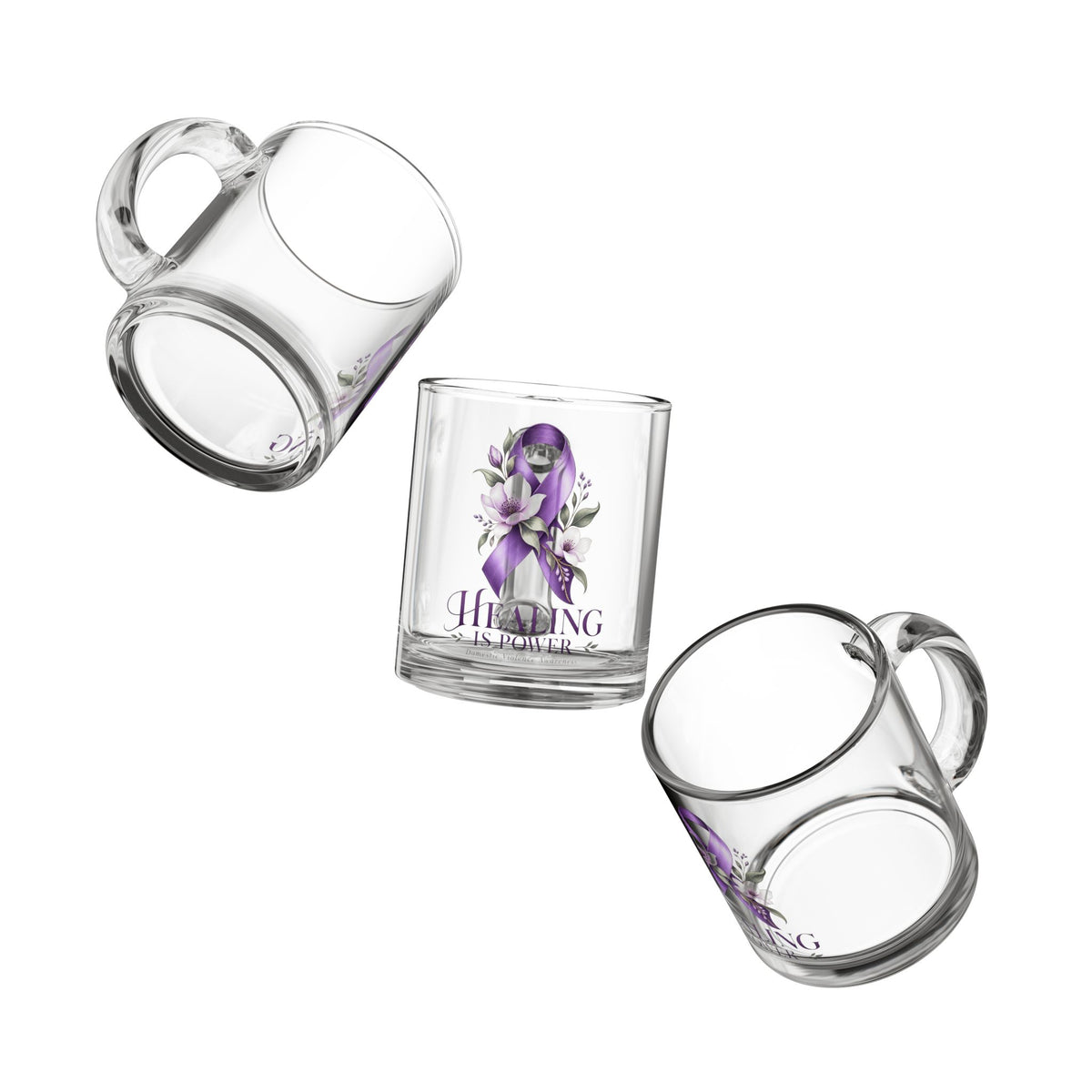 Healing Is Power Purple Ribbon Glass Mug — 10oz Domestic Violence Awareness Coffee Cup