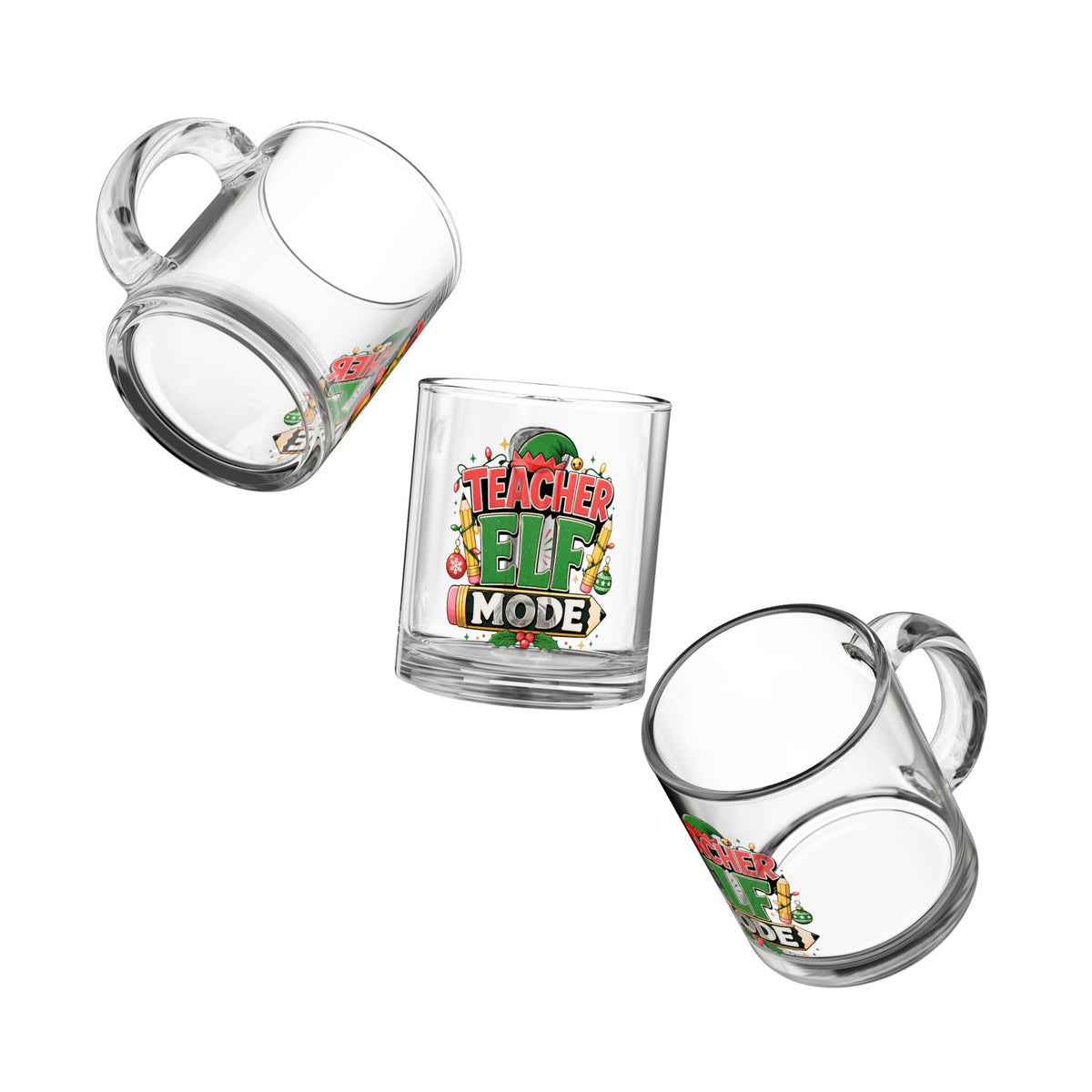 Christmas Glass Mug 10 oz Teacher Elf Mode Glass Mug — 10oz Christmas Teacher Coffee Cup