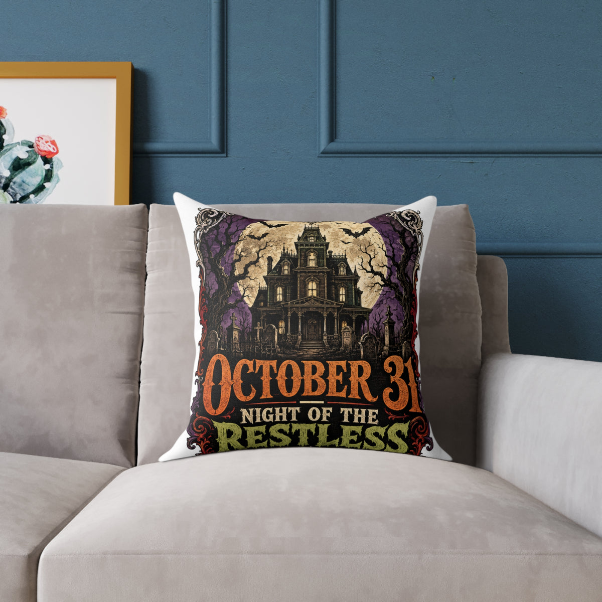 Halloween Haunted House Pillow — "October 31 Night of the Restless" Square Canvas Throw Pillow