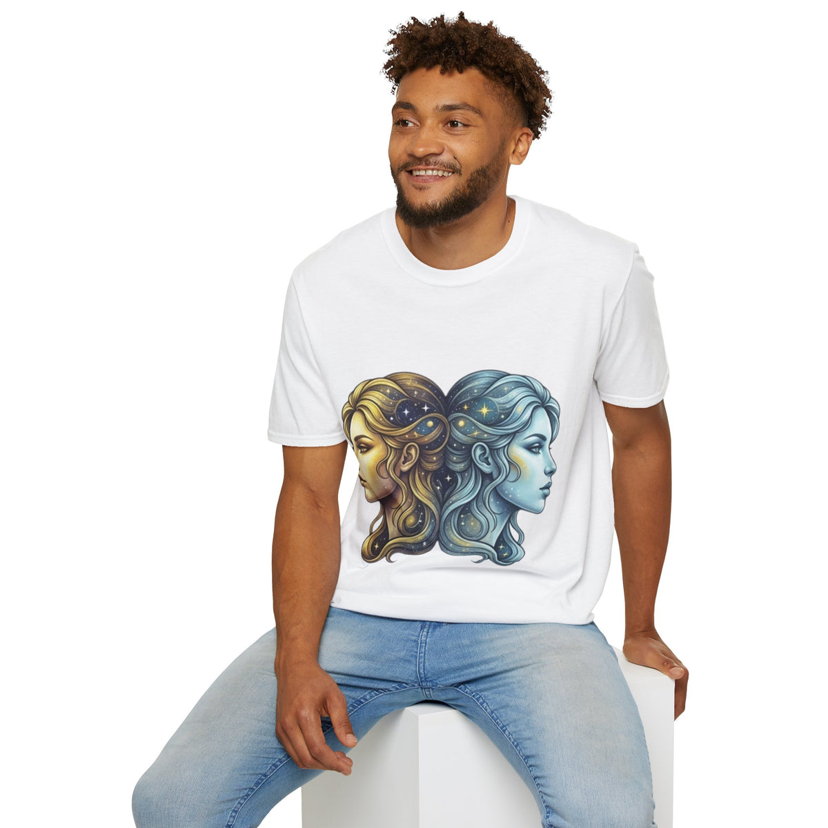 Zodiac Gemini Sun & Moon T-Shirt — Dual Faces Cosmic Design