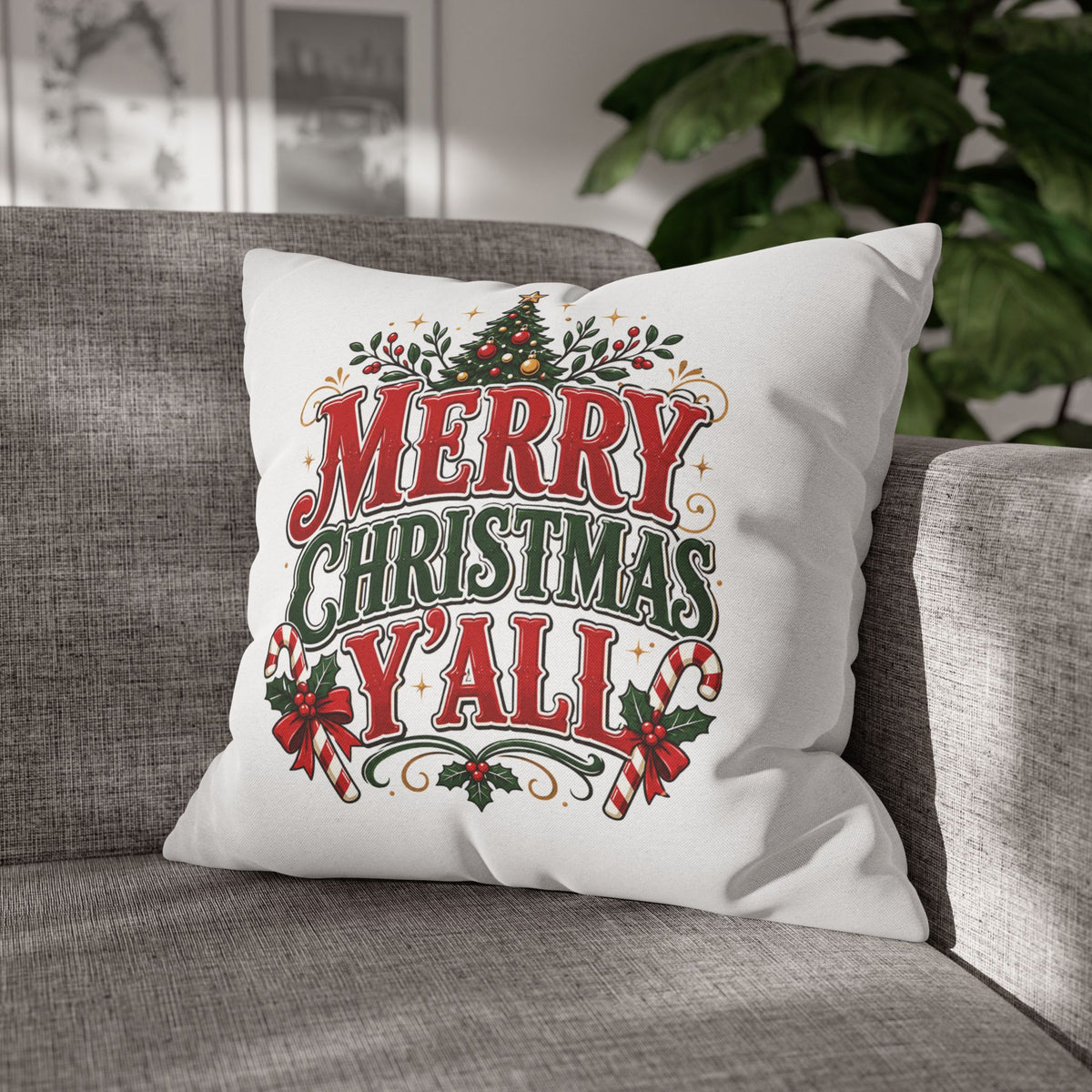 Christmas Square Pillowcase — Merry Christmas Y'all Holiday Decorative Pillow