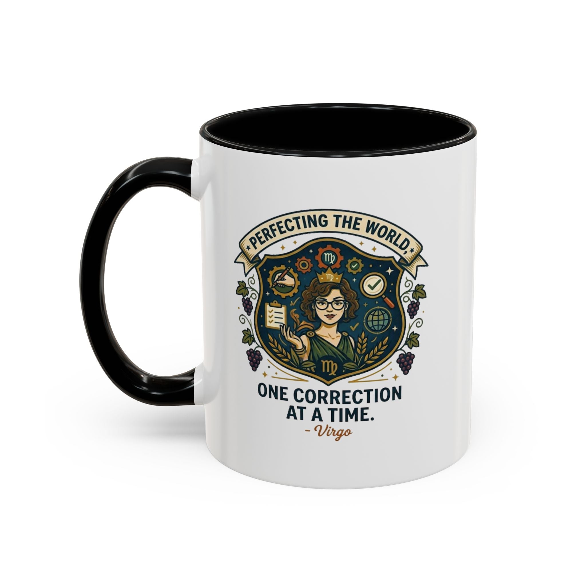 Virgo Coffee Mug — "Perfecting the World: One Correction at a Time" Accent Astrology Gift