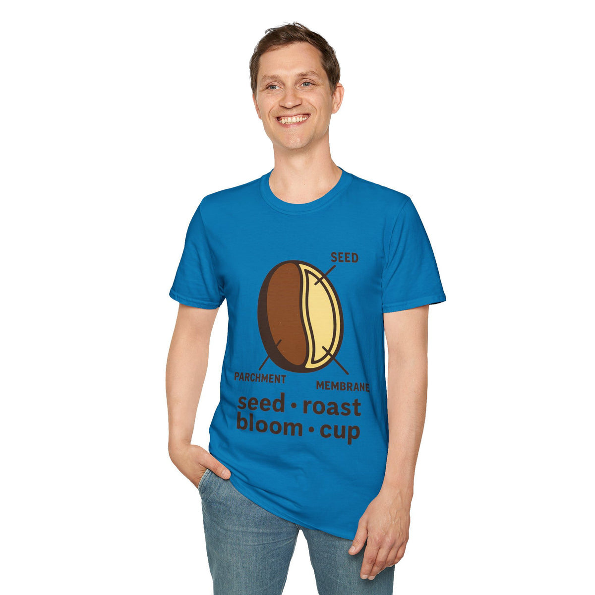 "Seed Roast Bloom Cup" Coffee Bean Graphic Tee - Minimalist Barista Aesthetic White T-Shirt - Trending Now - September 2026