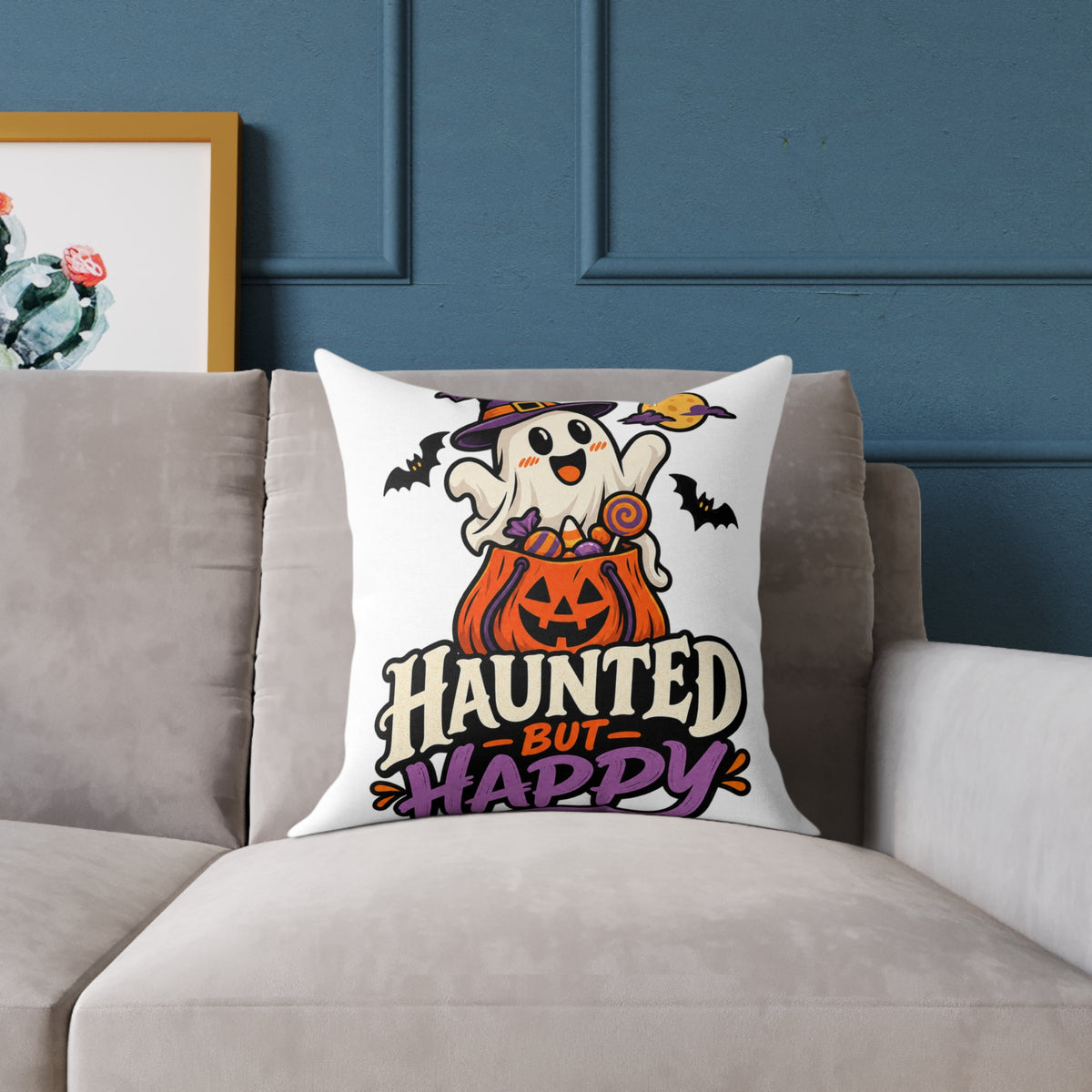 Halloween Ghost Pumpkin Pillow — "Haunted But Happy" Square Throw Pillow