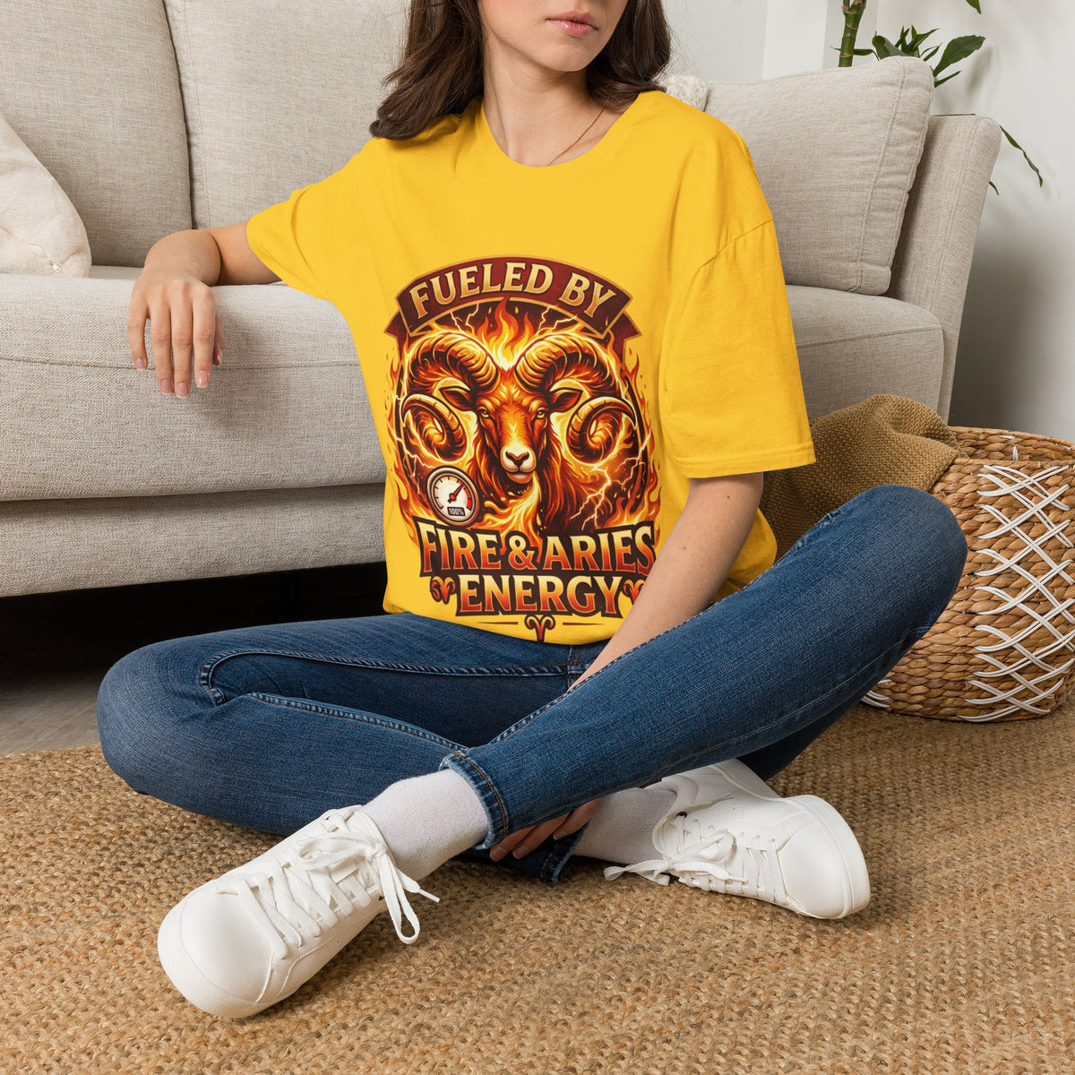 Aries Zodiac Fueled By Fire & Aries Energy T-Shirt — Zodiac Ram Graphic Tee