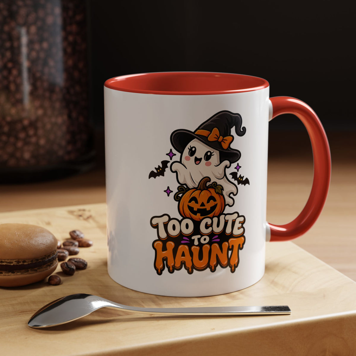 Halloween Coffee Mug - 'Too Cute to Haunt' Ghost Pumpkin Accent Mug