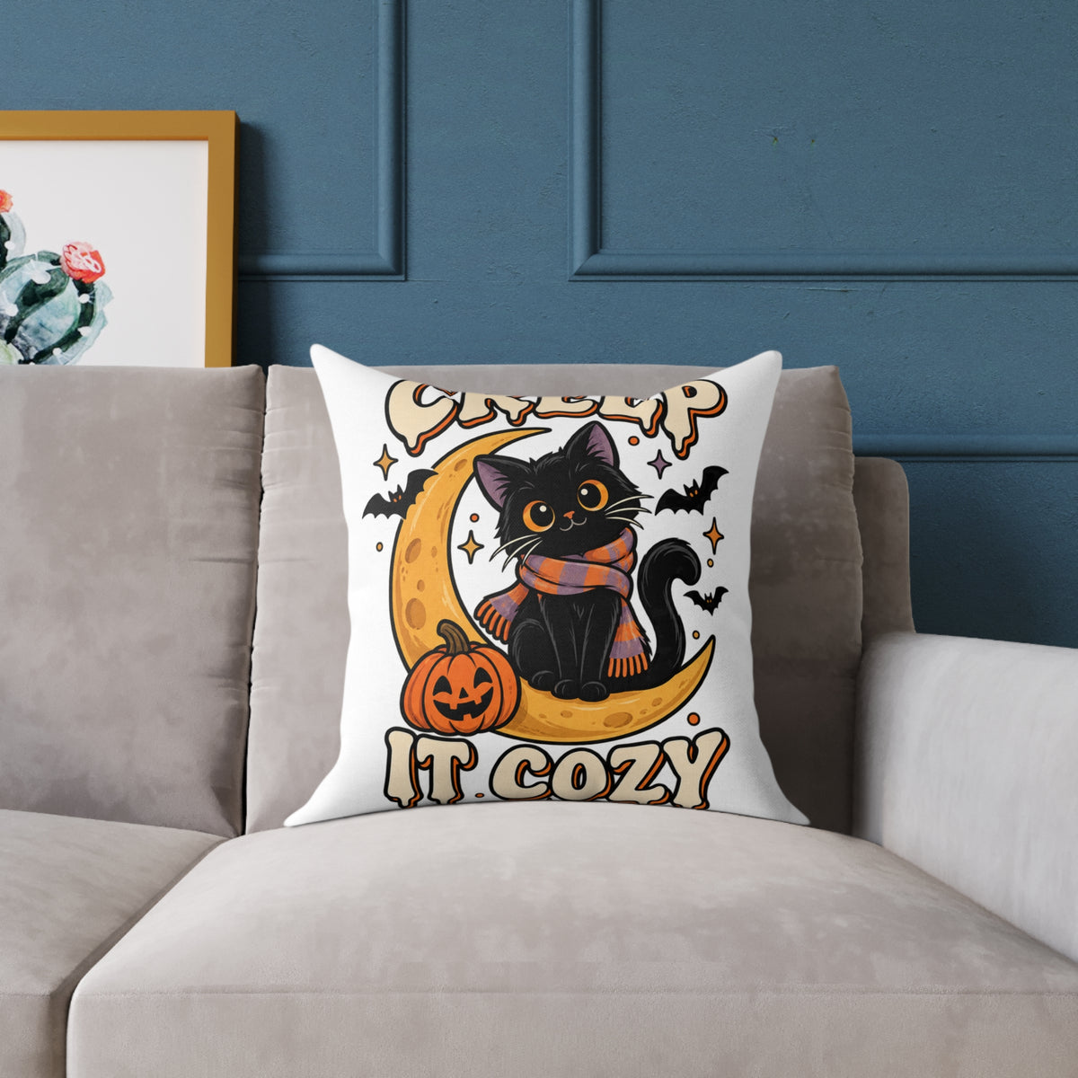Halloween Cat Pillow — "Creep It Cozy" Decorative Square Throw Pillow