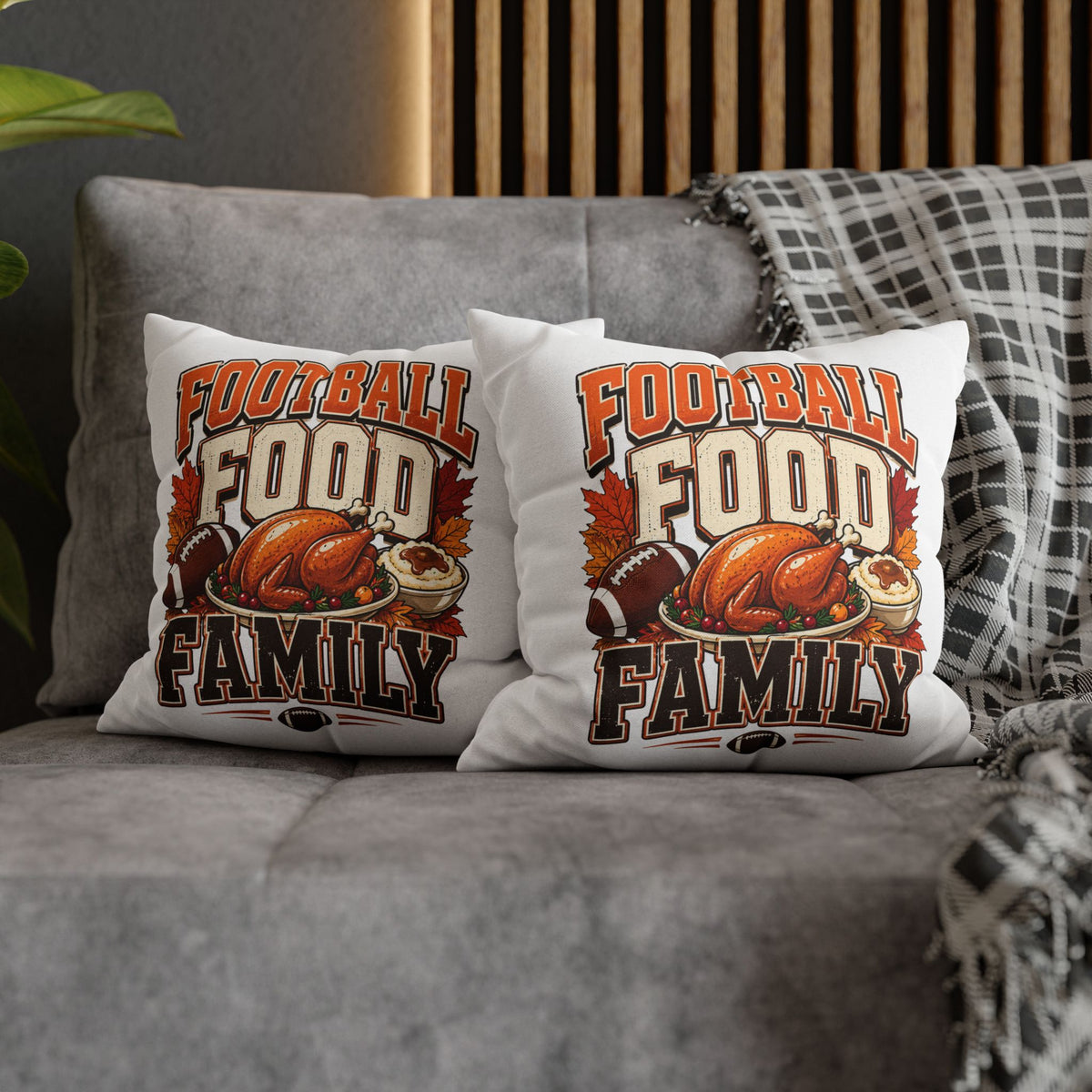 Thanksgiving Football, Food & Family Throw Pillowcase — Thanksgiving Game Day Decoration